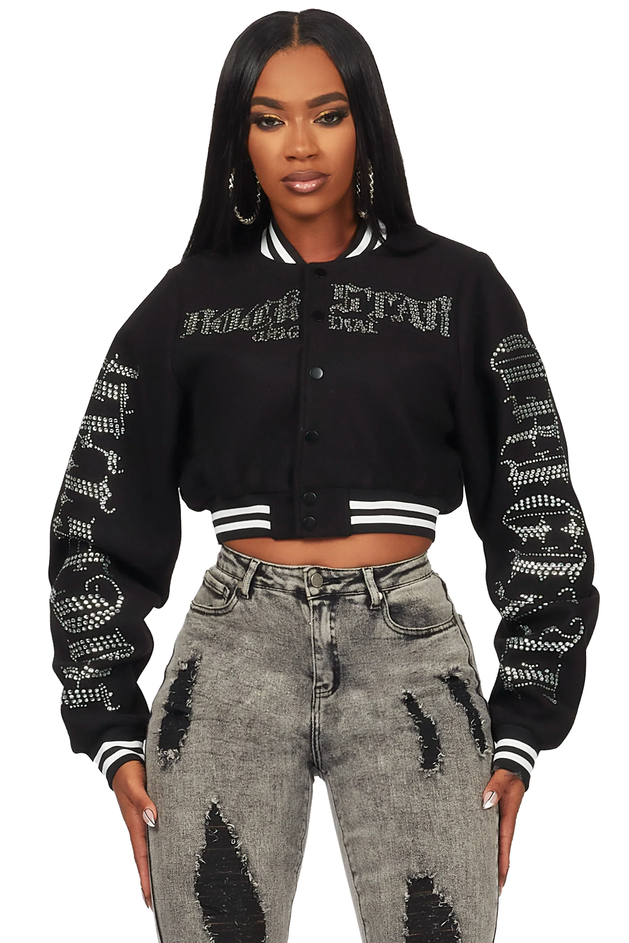 Gianni Black Crop Rhinestone Varsity Jacket - Image 2