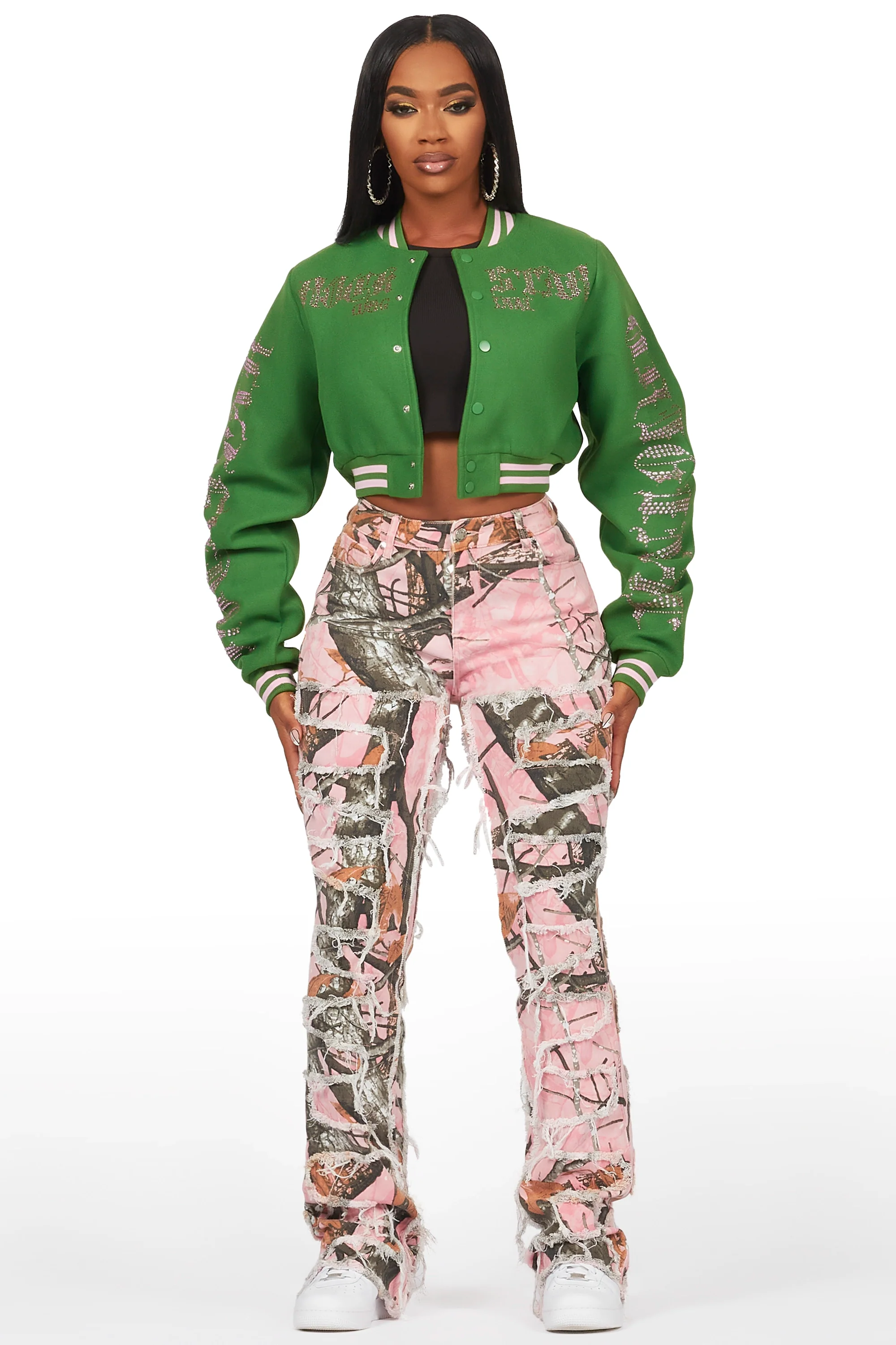 Gianni Green Crop Rhinestone Varsity Jacket - Image 2