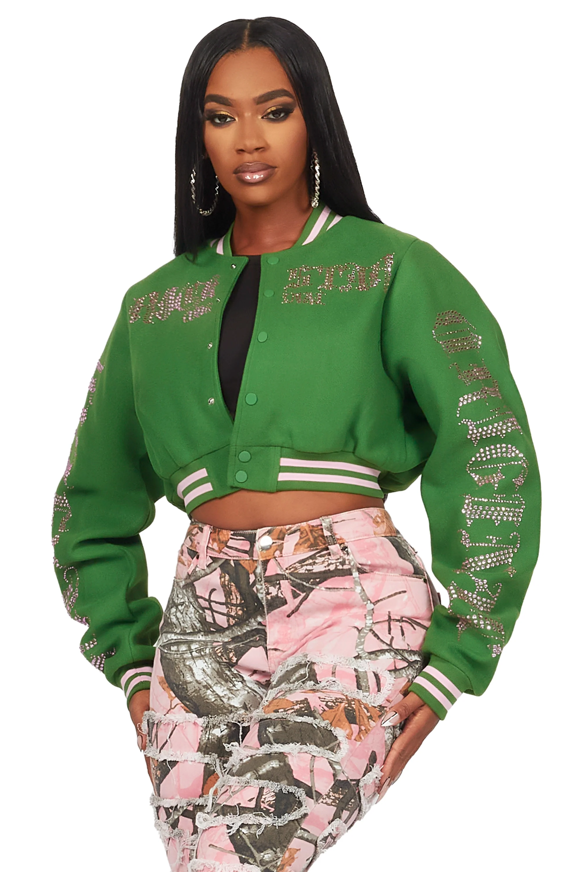 Gianni Green Crop Rhinestone Varsity Jacket - Image 7