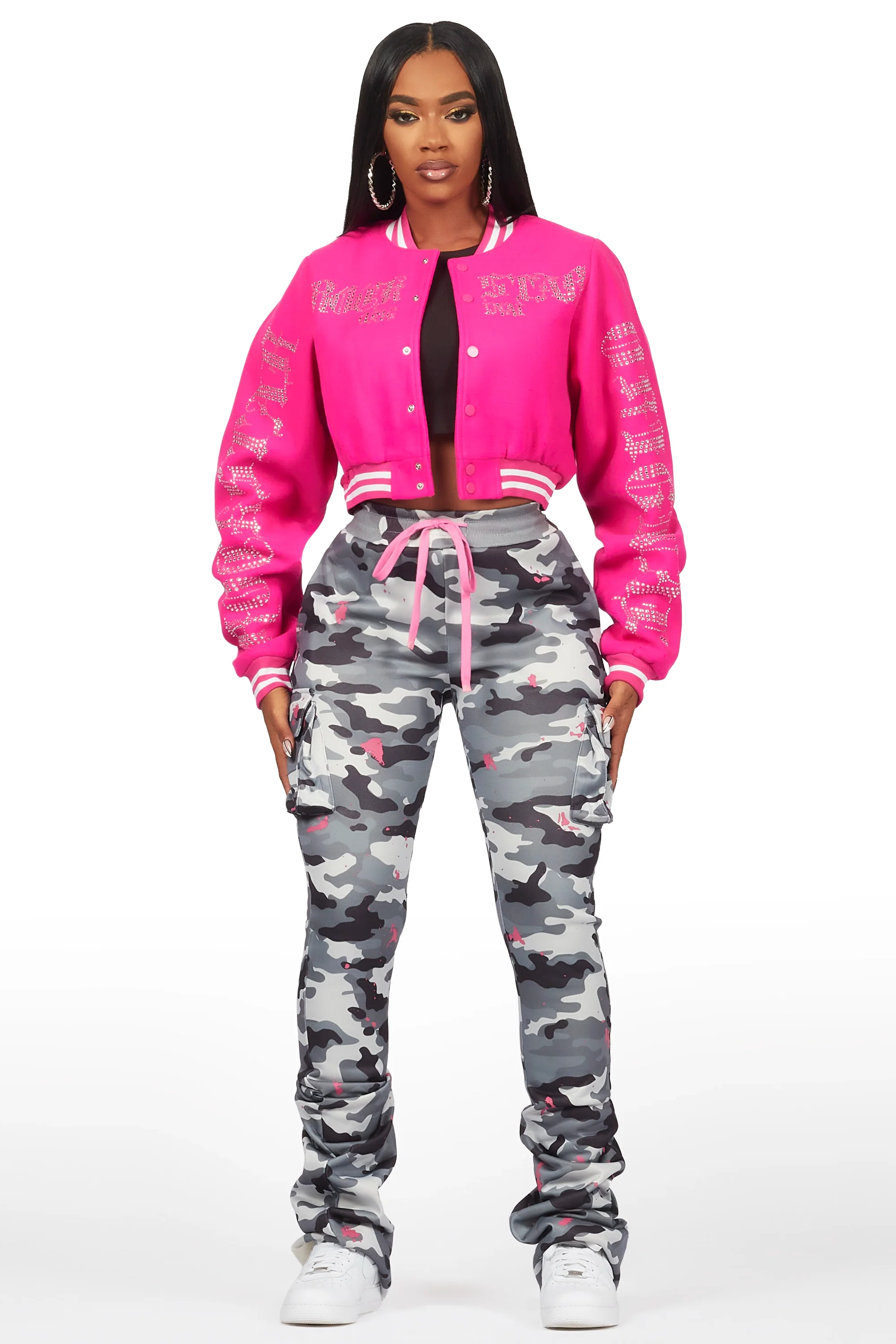 Gianni Hot Pink Crop Rhinestone Varsity Jacket - Image 6