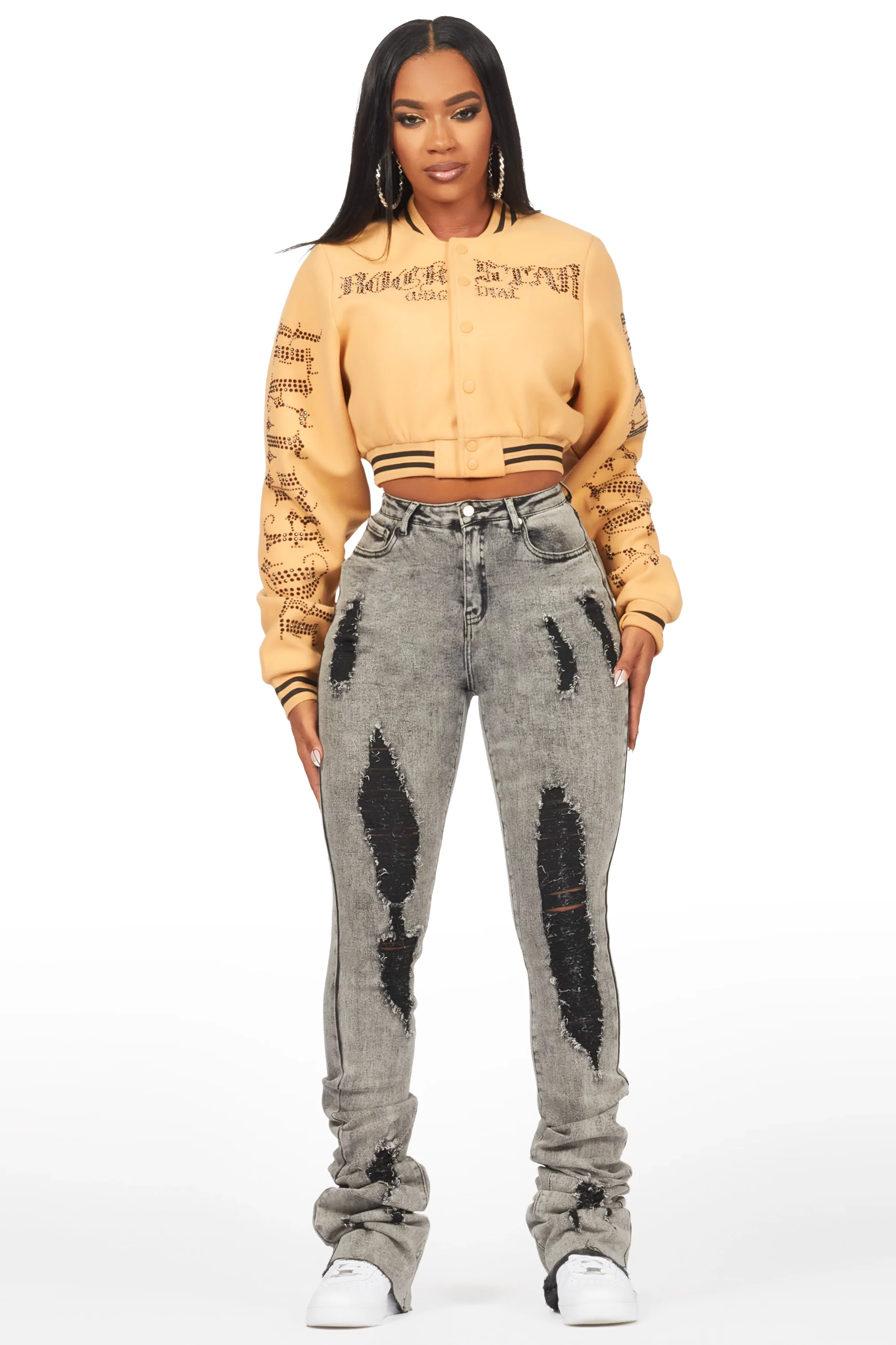 Gianni Tan Crop Rhinestone Varsity Jacket - Image 7