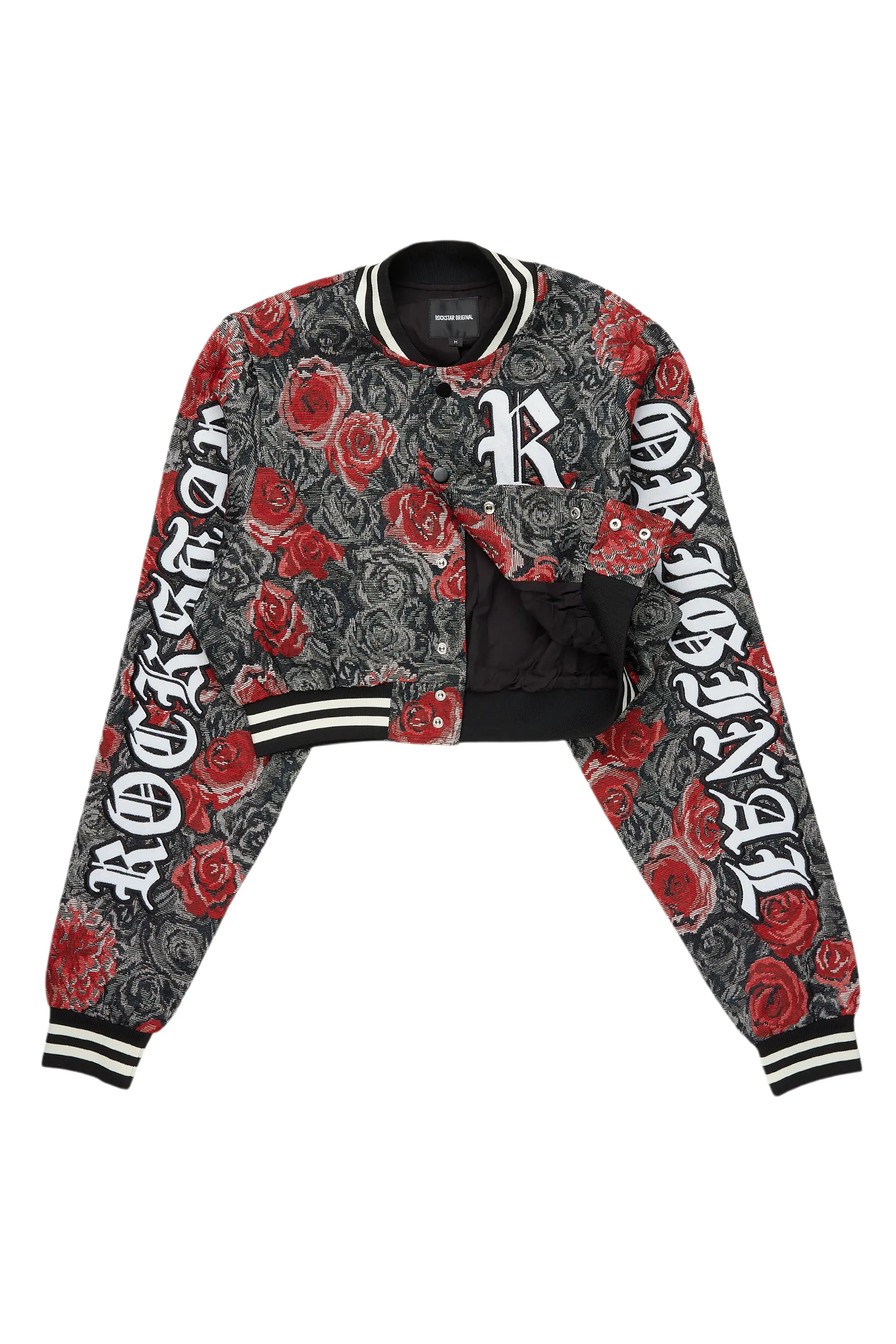 Darresha Black/Red Crop Tapestry Varsity Jacket - Image 3