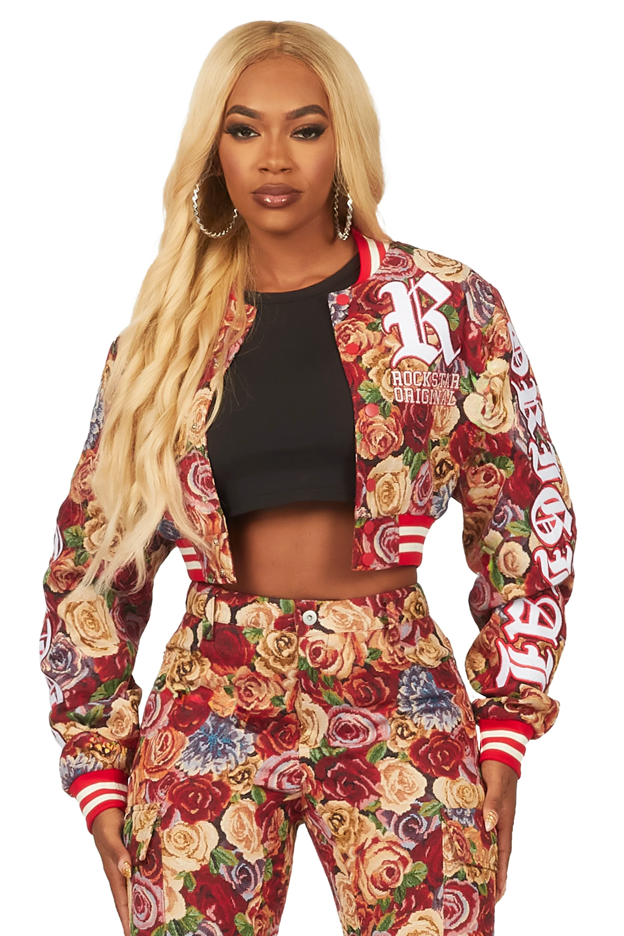 Darresha Red Crop Tapestry Varsity Jacket - Image 2