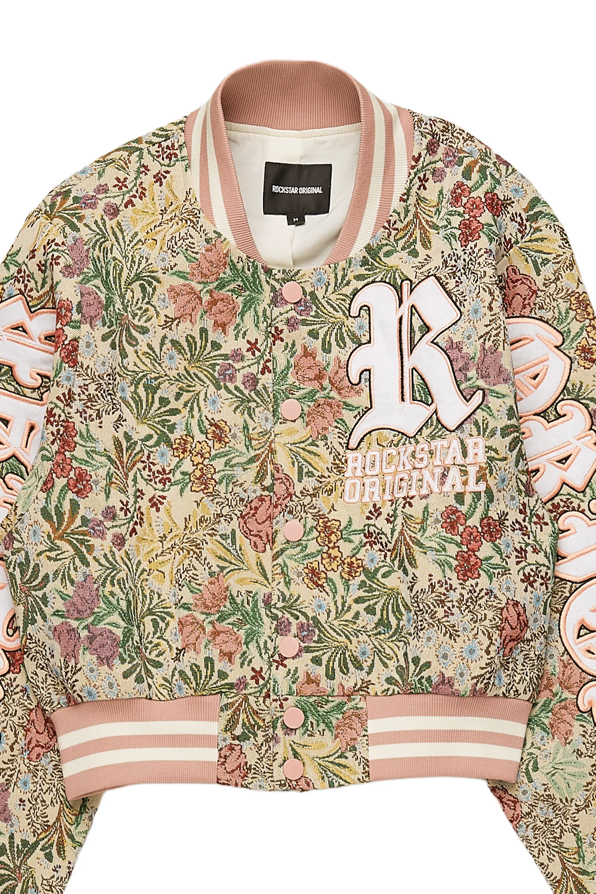 Tamia Beige Crop Tapestry Varsity Jacket - Image 9