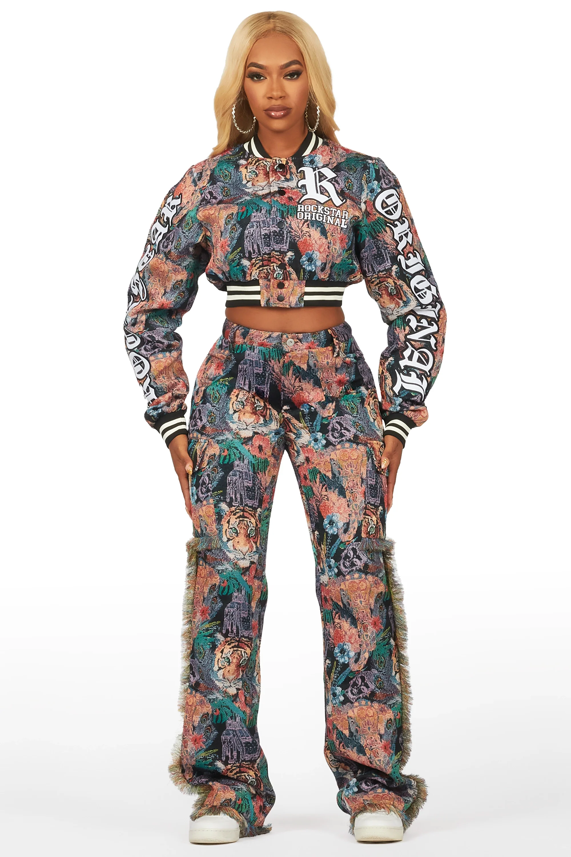 Rena Black Crop Tapestry Varsity Jacket - Image 7