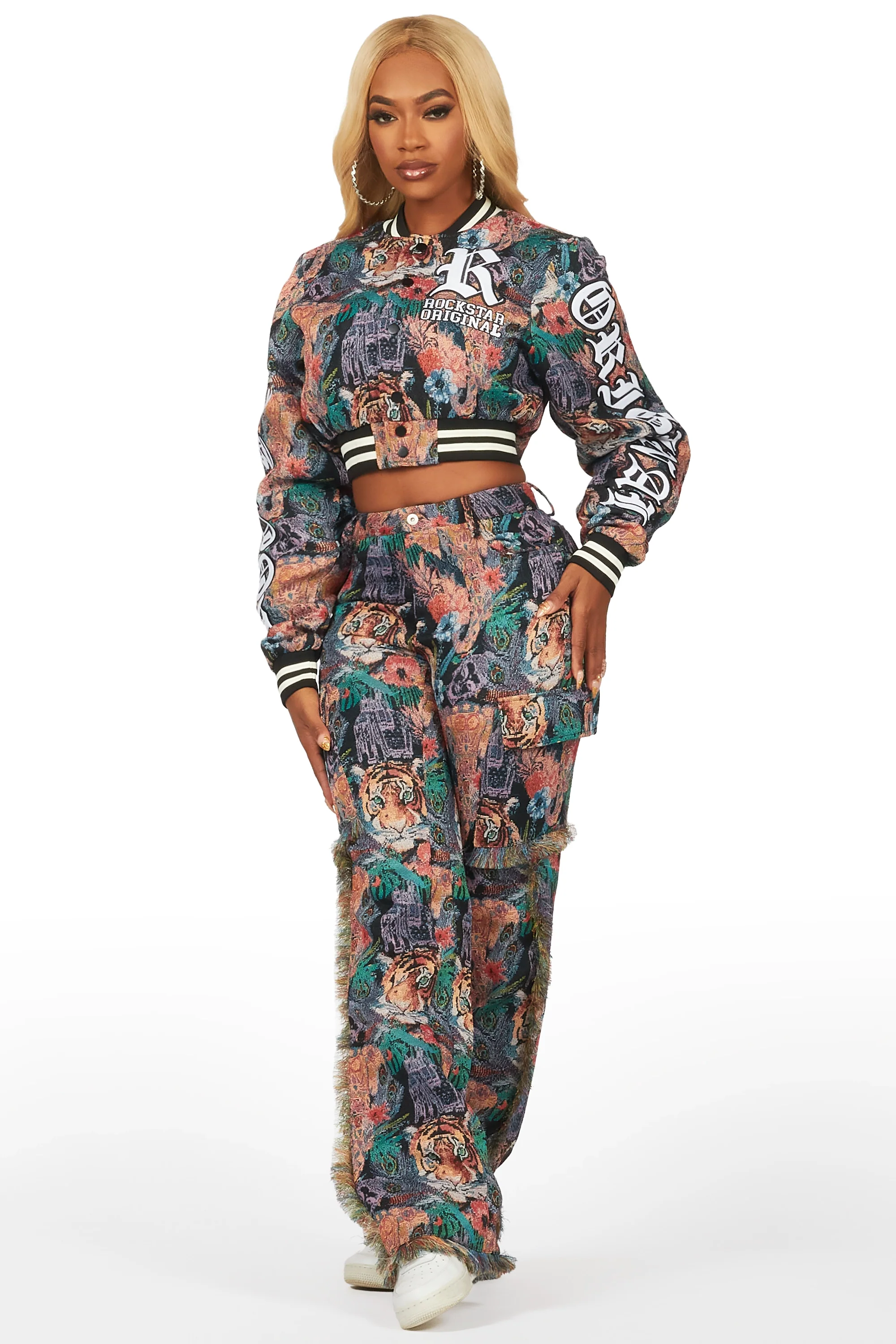 Rena Black Crop Tapestry Varsity Jacket - Image 9