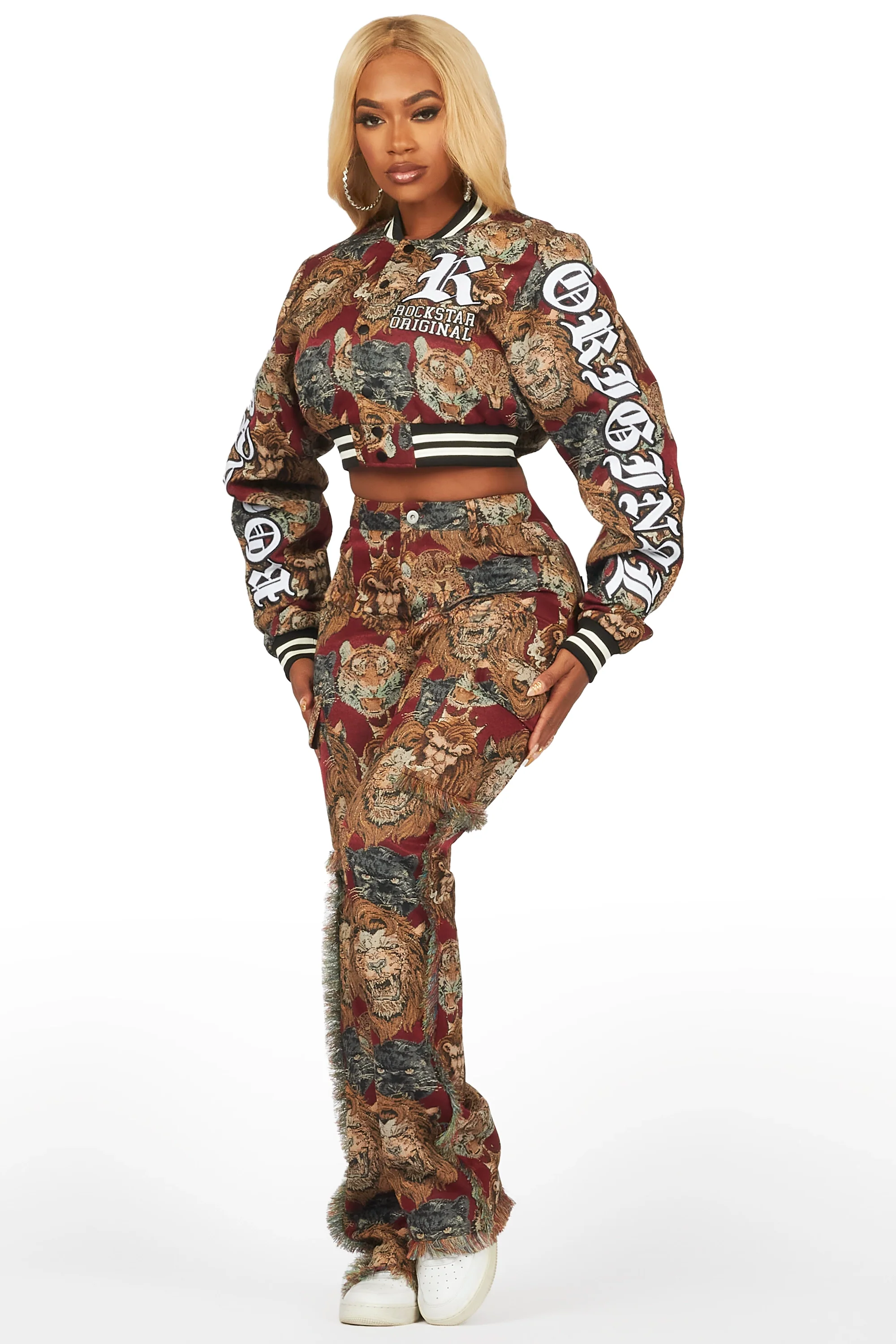 Khadiyah Red Crop Tapestry Varsity Jacket - Image 13