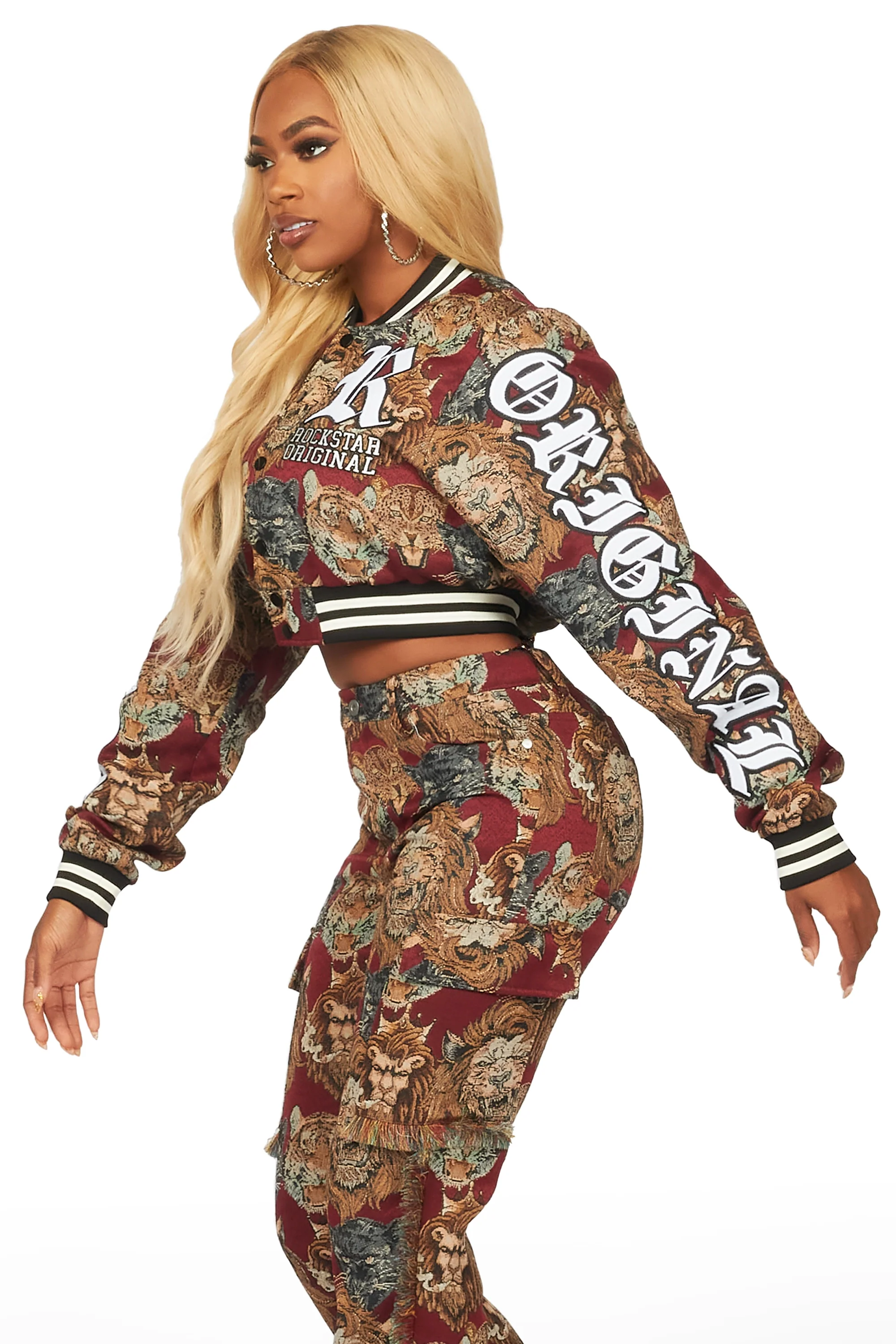 Khadiyah Red Crop Tapestry Varsity Jacket - Image 4