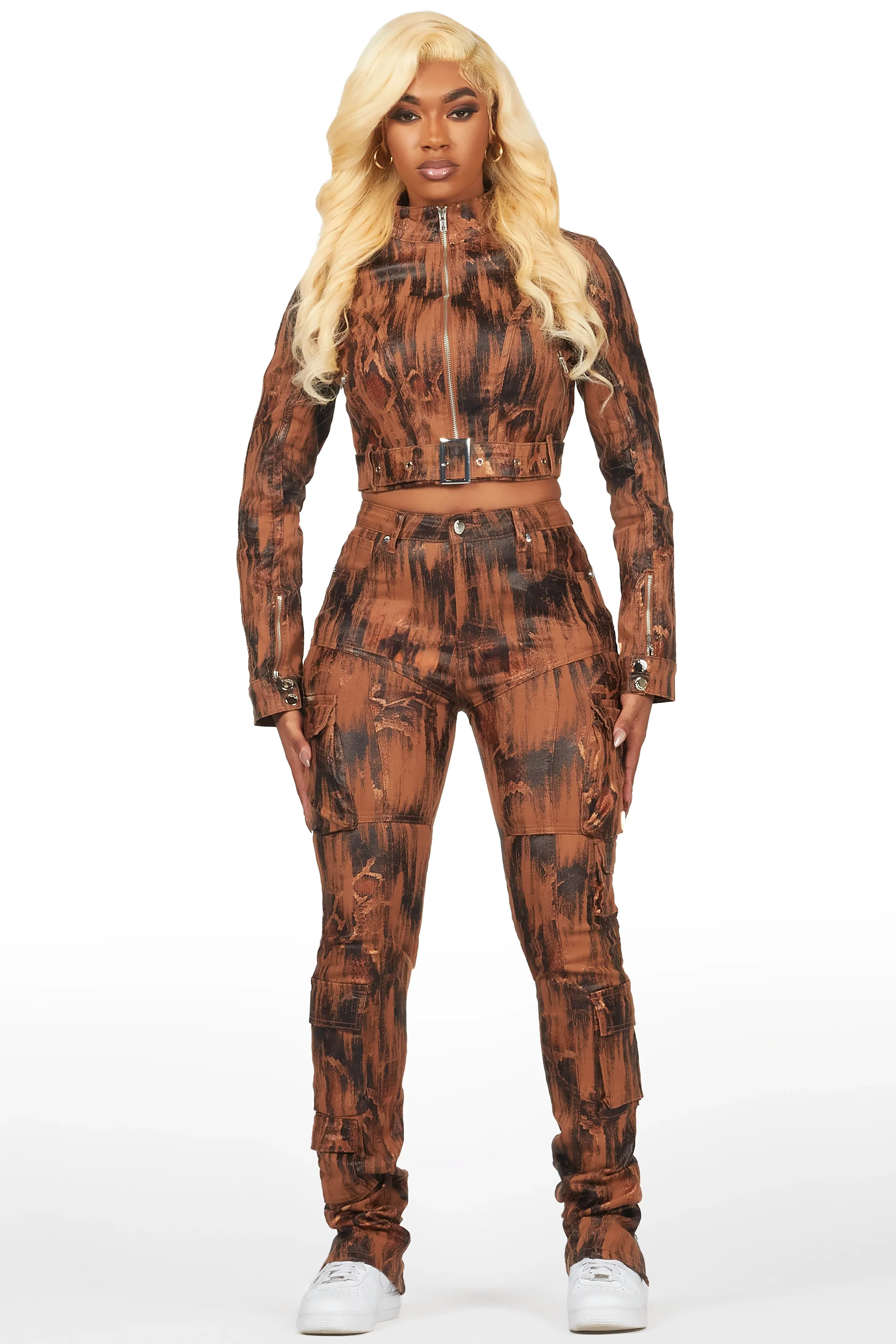 Nakedra Brown Snakeskin Faux Leather Moto Jacket - Image 2