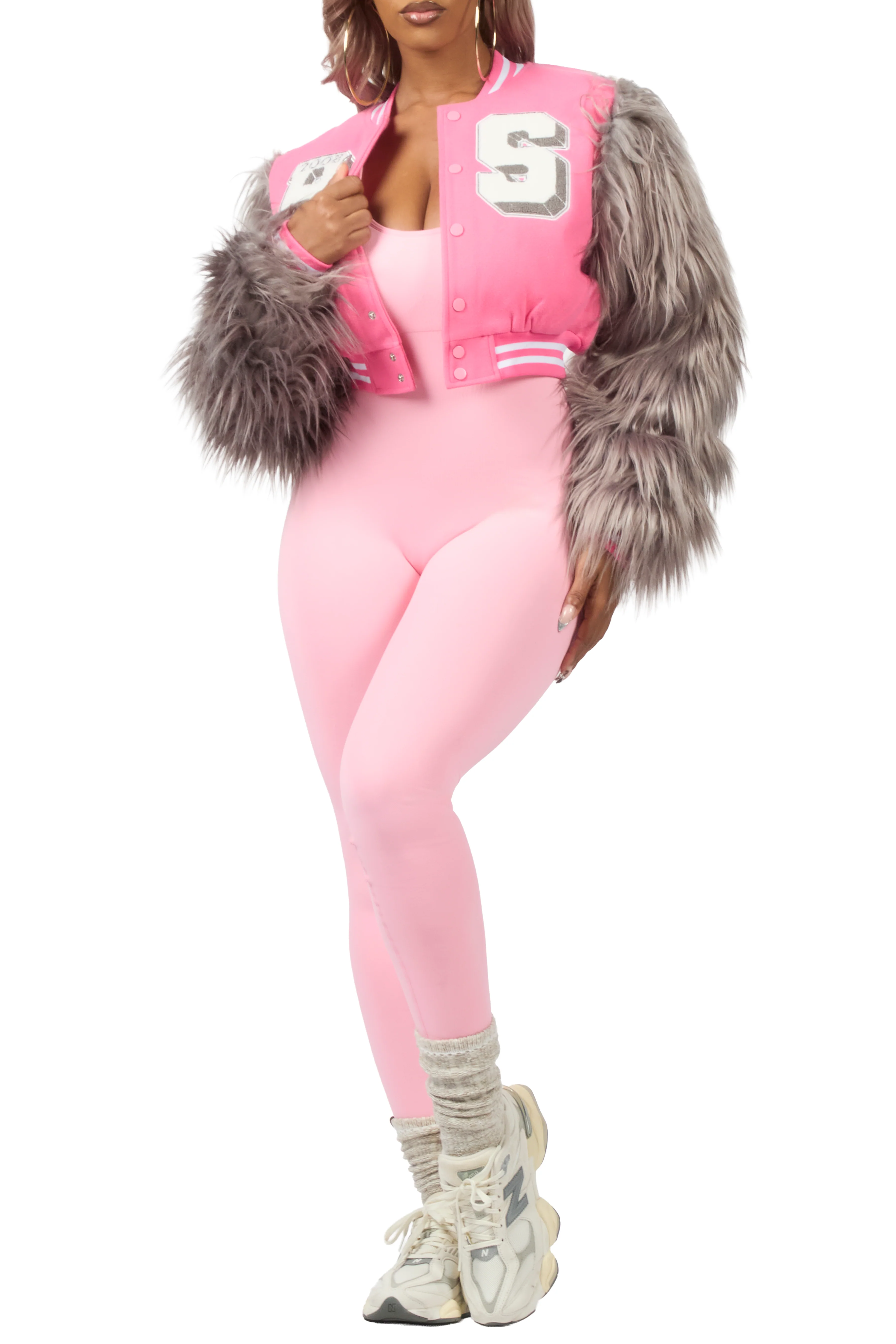 Jameicia Pink/Grey Fur Sleeve Varsity Jacket - Image 9