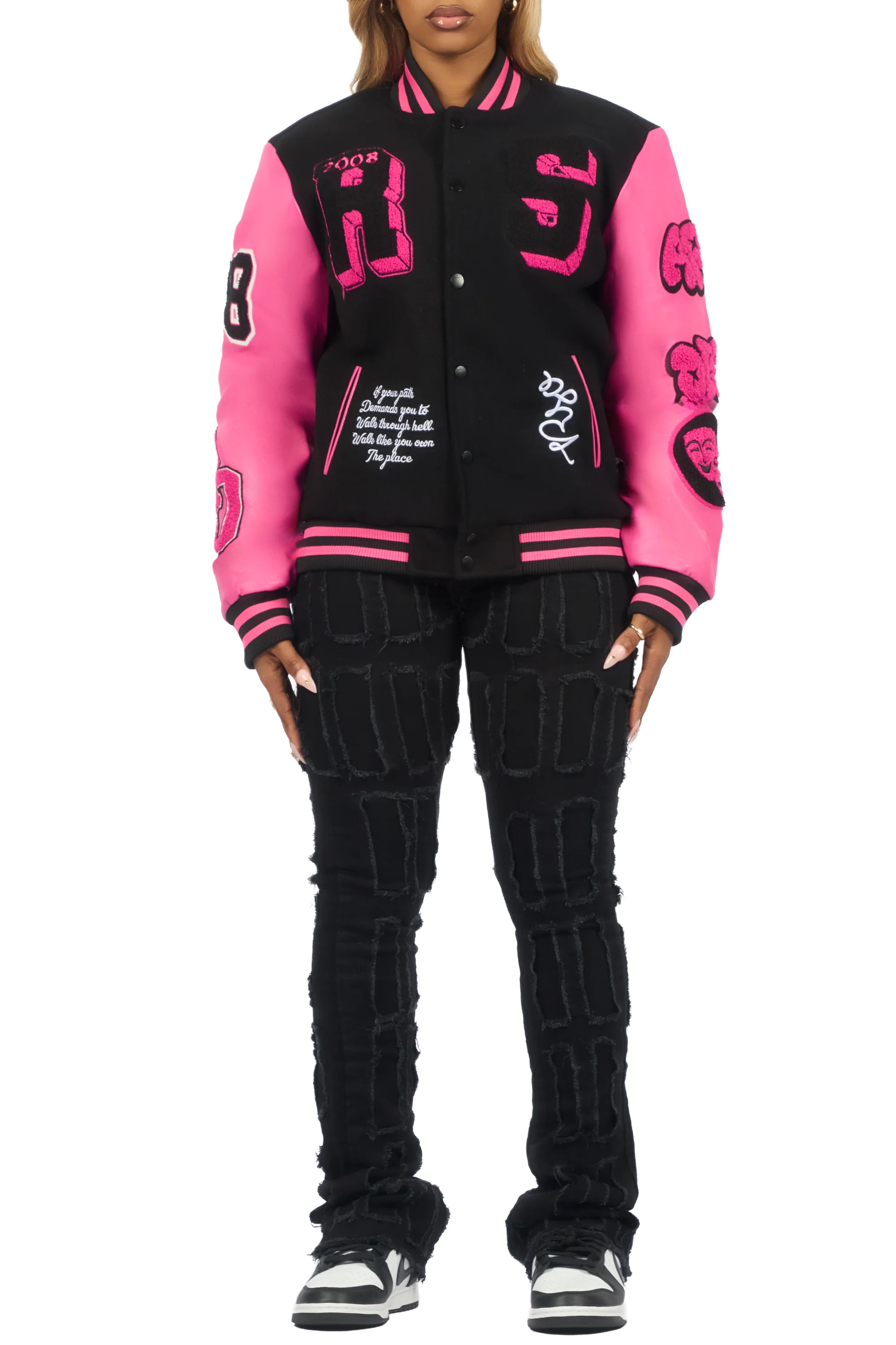 Leslee Black/Pink Oversized Varsity Jacket - Image 9