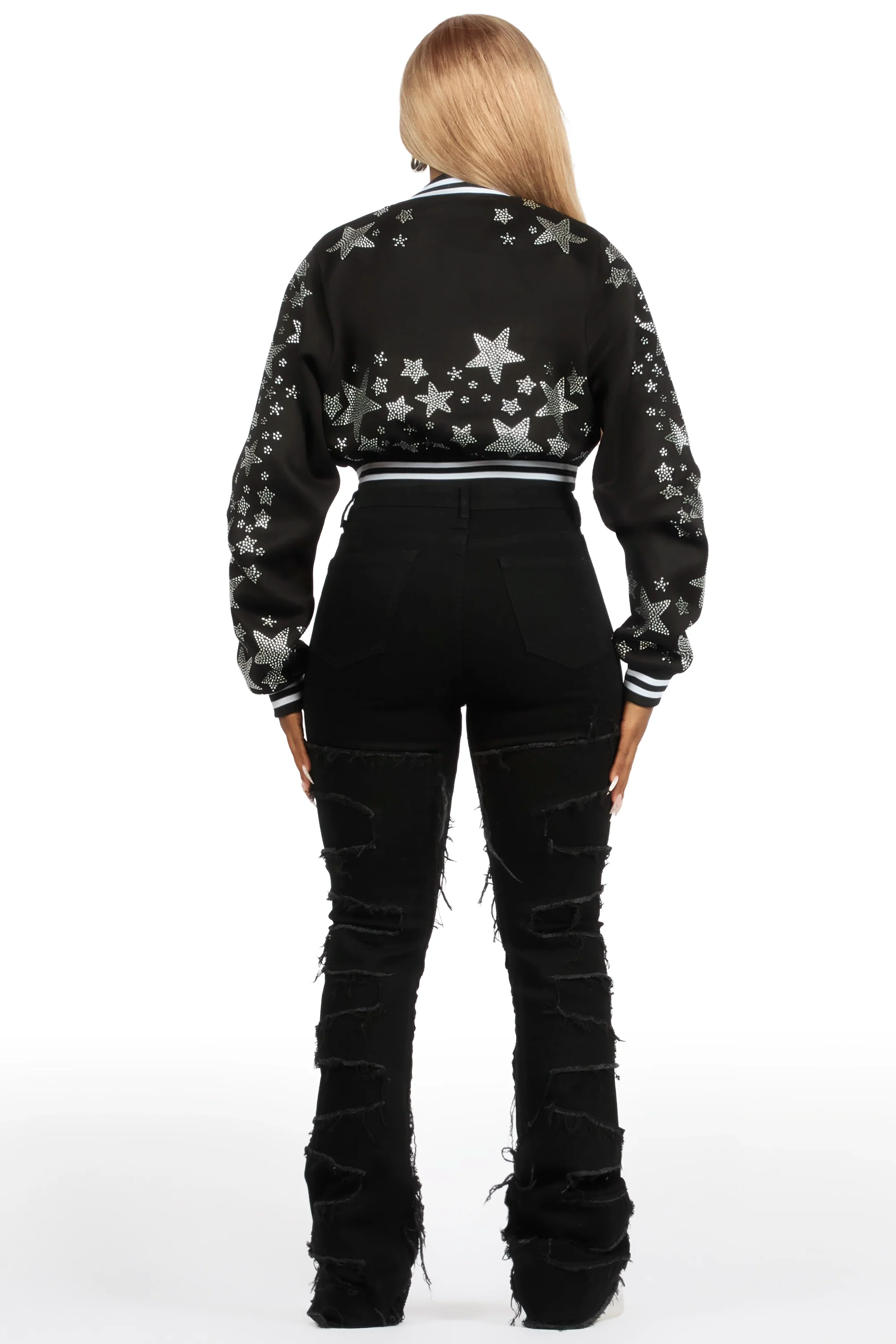 Shanda Black Crop Rhinestone Varsity Jacket - Image 11