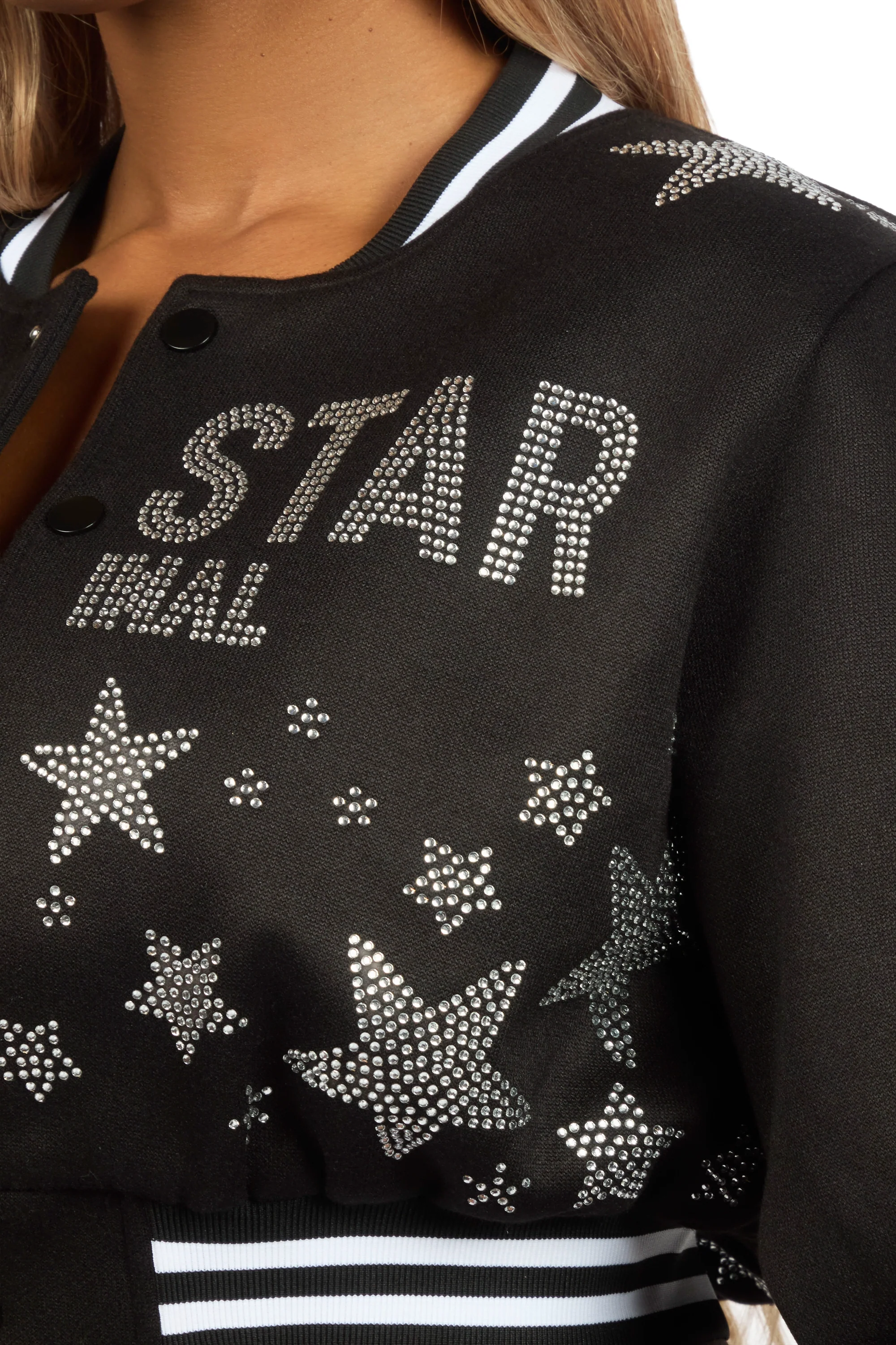 Shanda Black Crop Rhinestone Varsity Jacket - Image 12