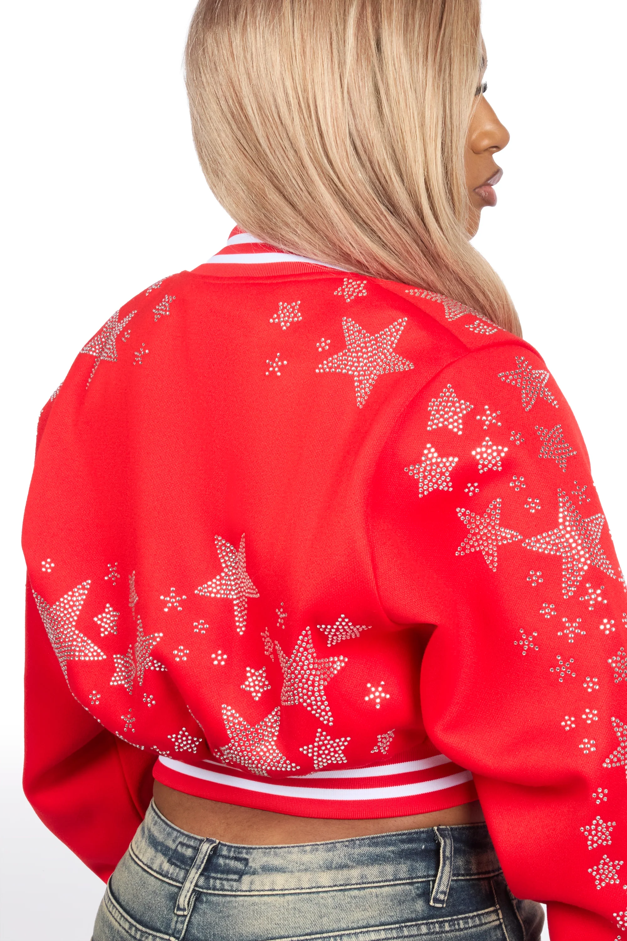 Shanda Red Crop Rhinestone Varsity Jacket - Image 11