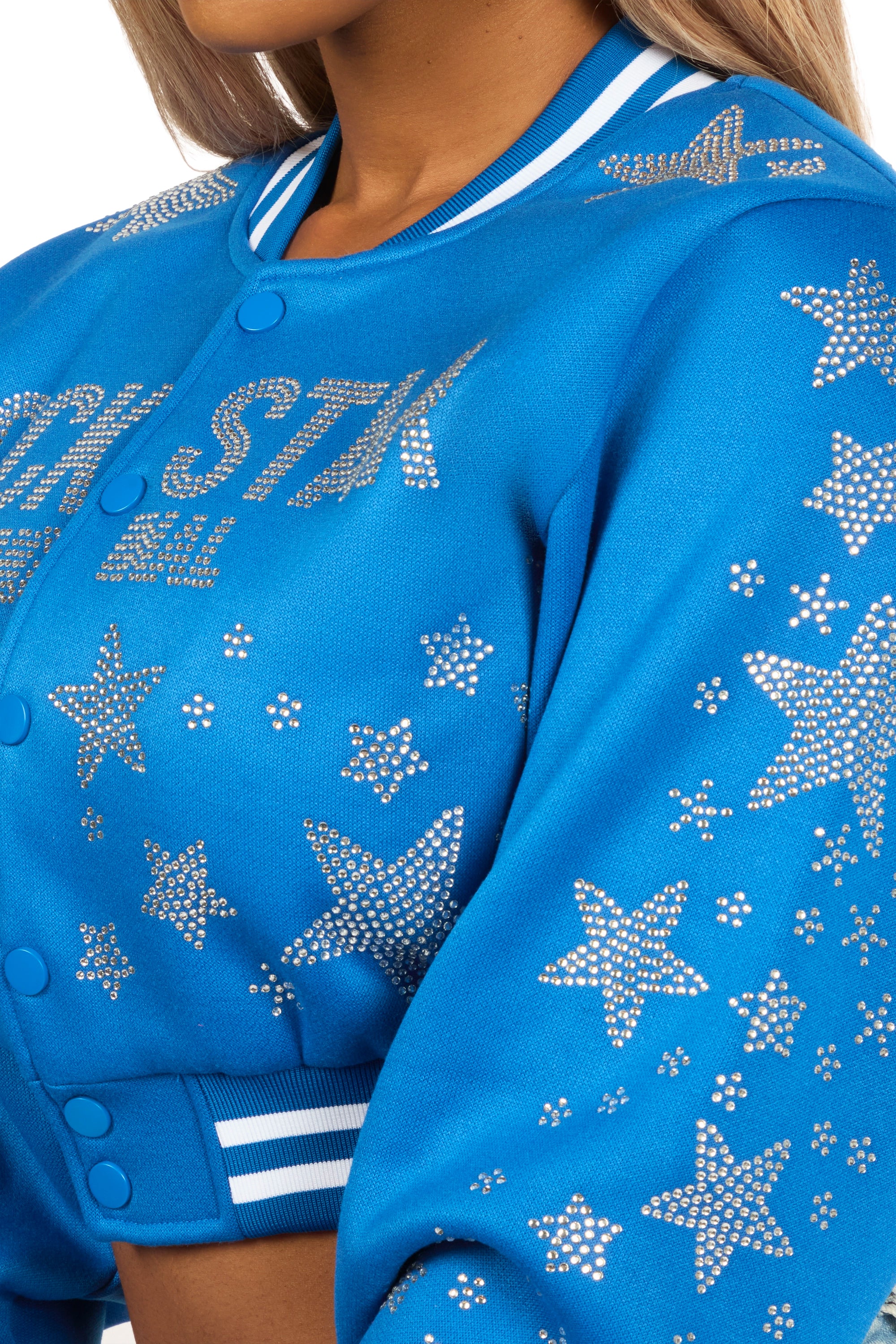 Shanda Royal Blue Crop Rhinestone Varsity Jacket - Image 3