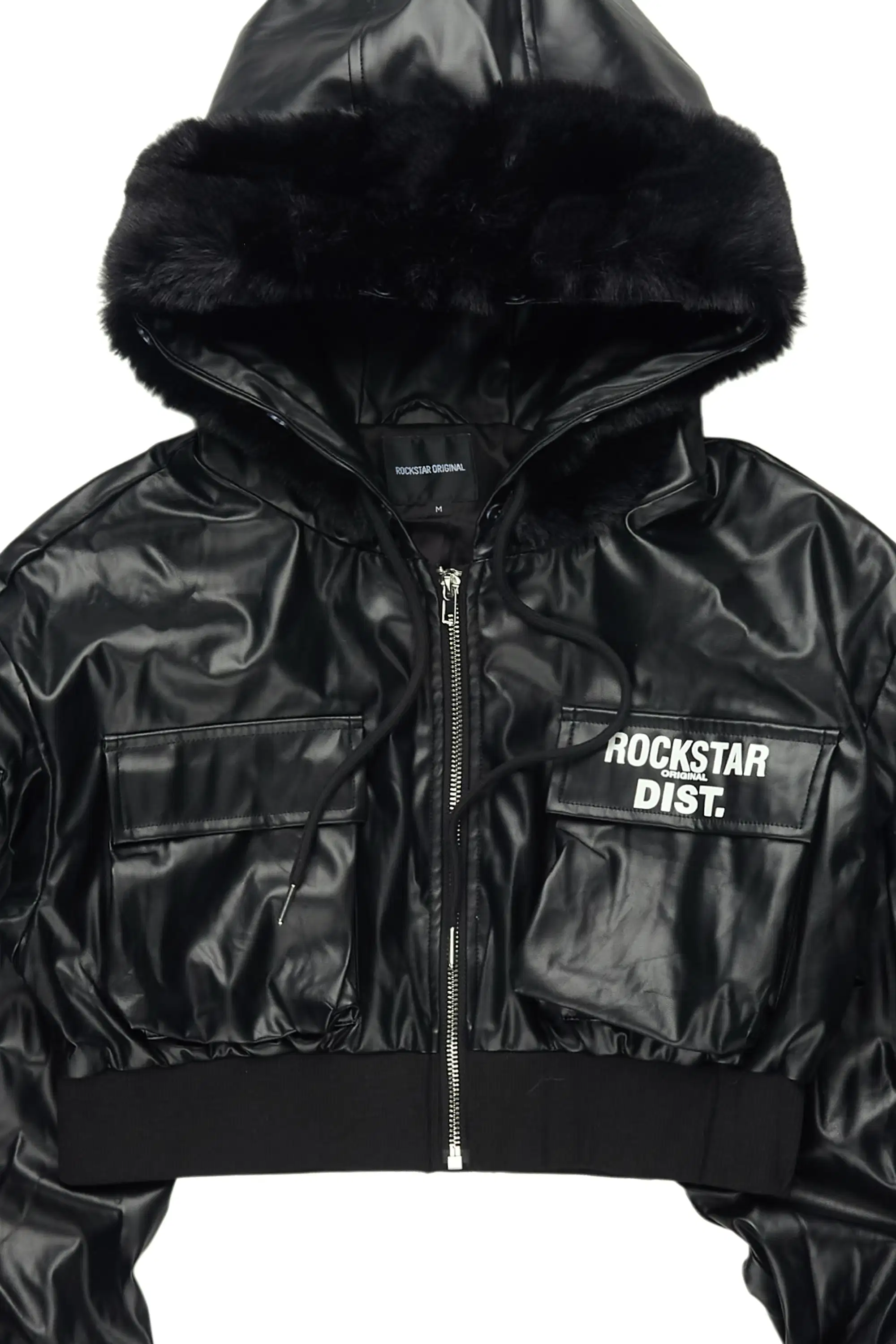 Amyia Black PU Jacket With Fur Hood - Image 6