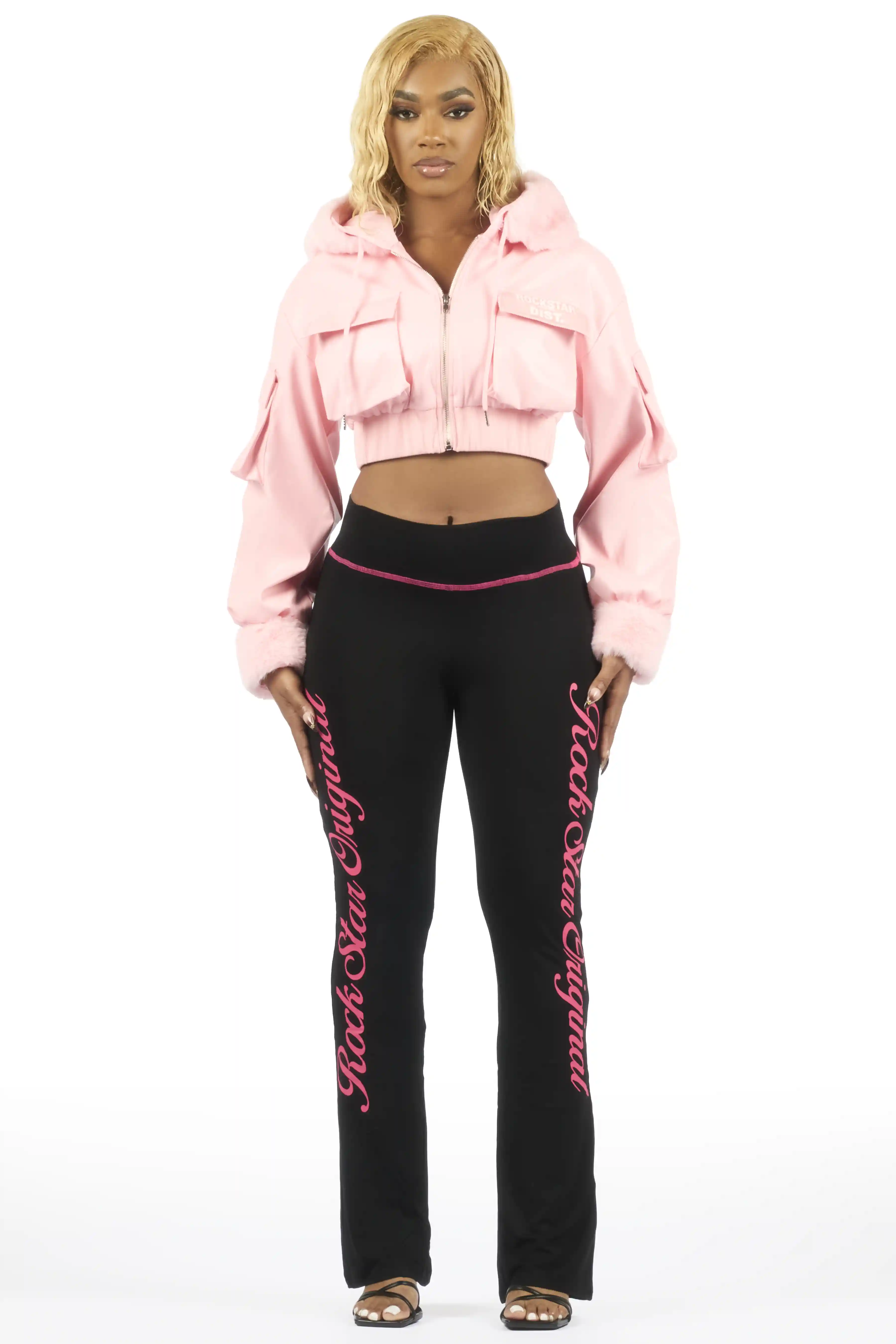 Amyia Pink PU Jacket With Fur Hood - Image 6