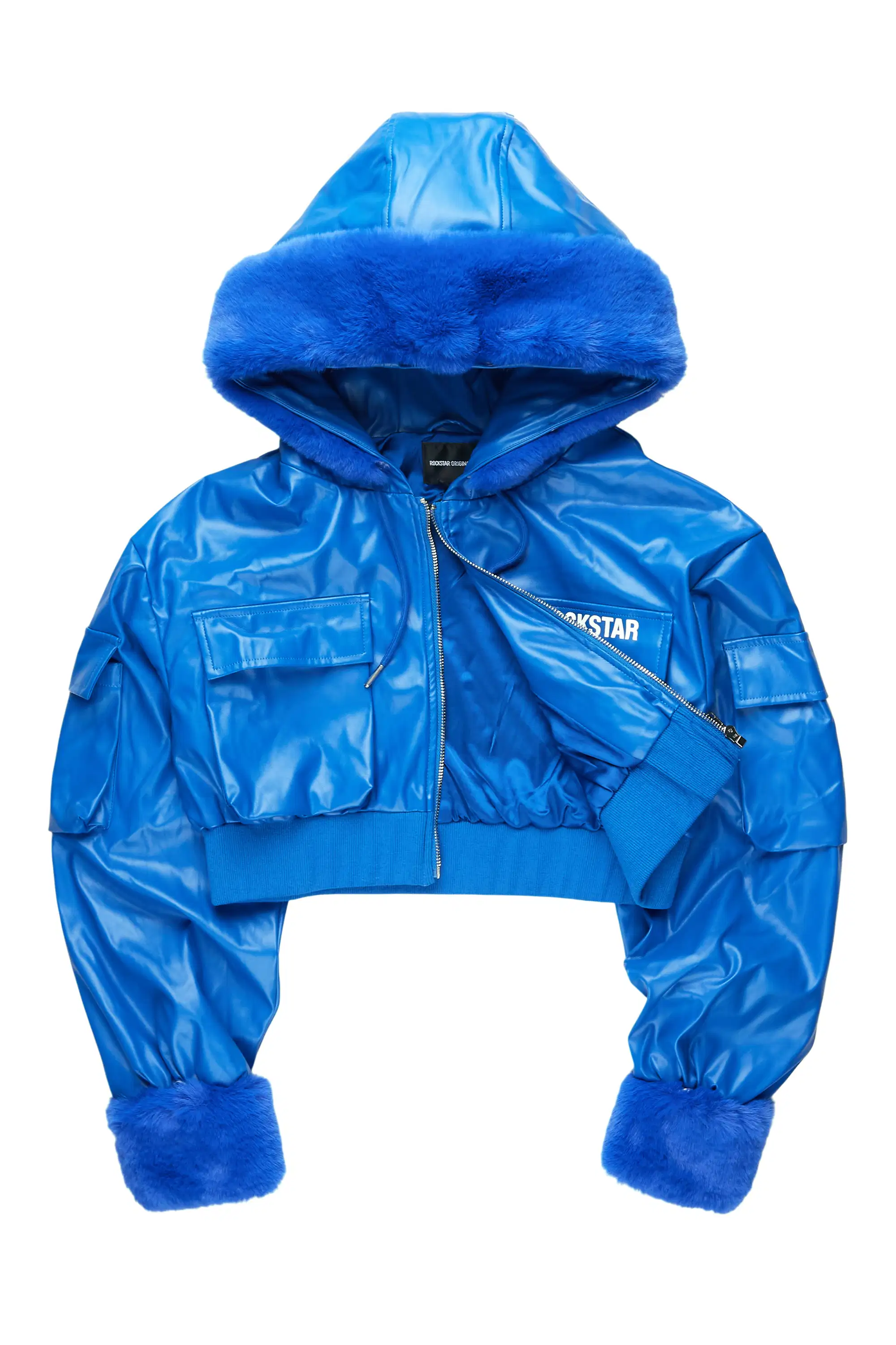 Amyia Royal Blue PU Jacket With Fur Hood - Image 9
