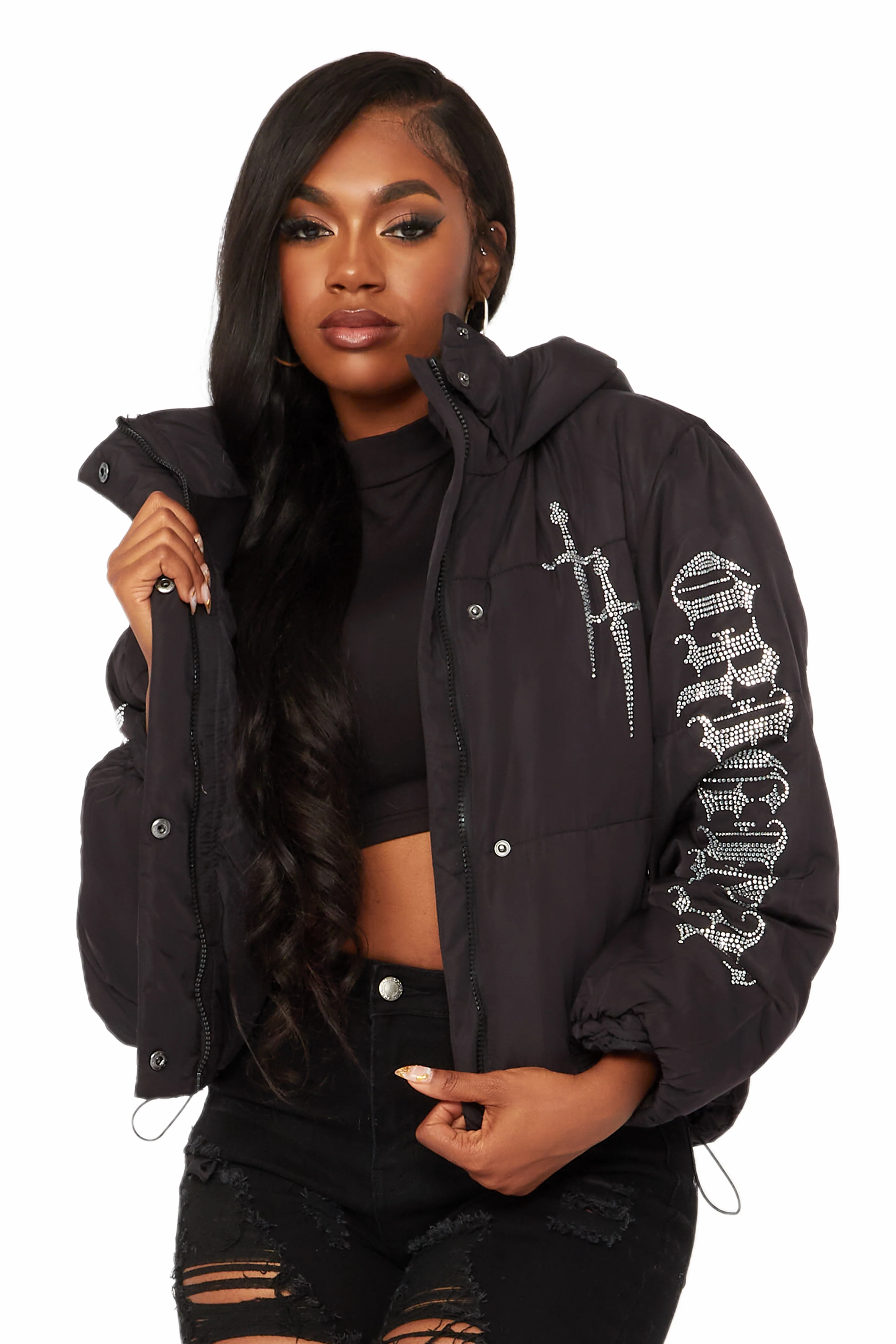 Kalisha Black Rhinestone Puffer Jacket - Image 6