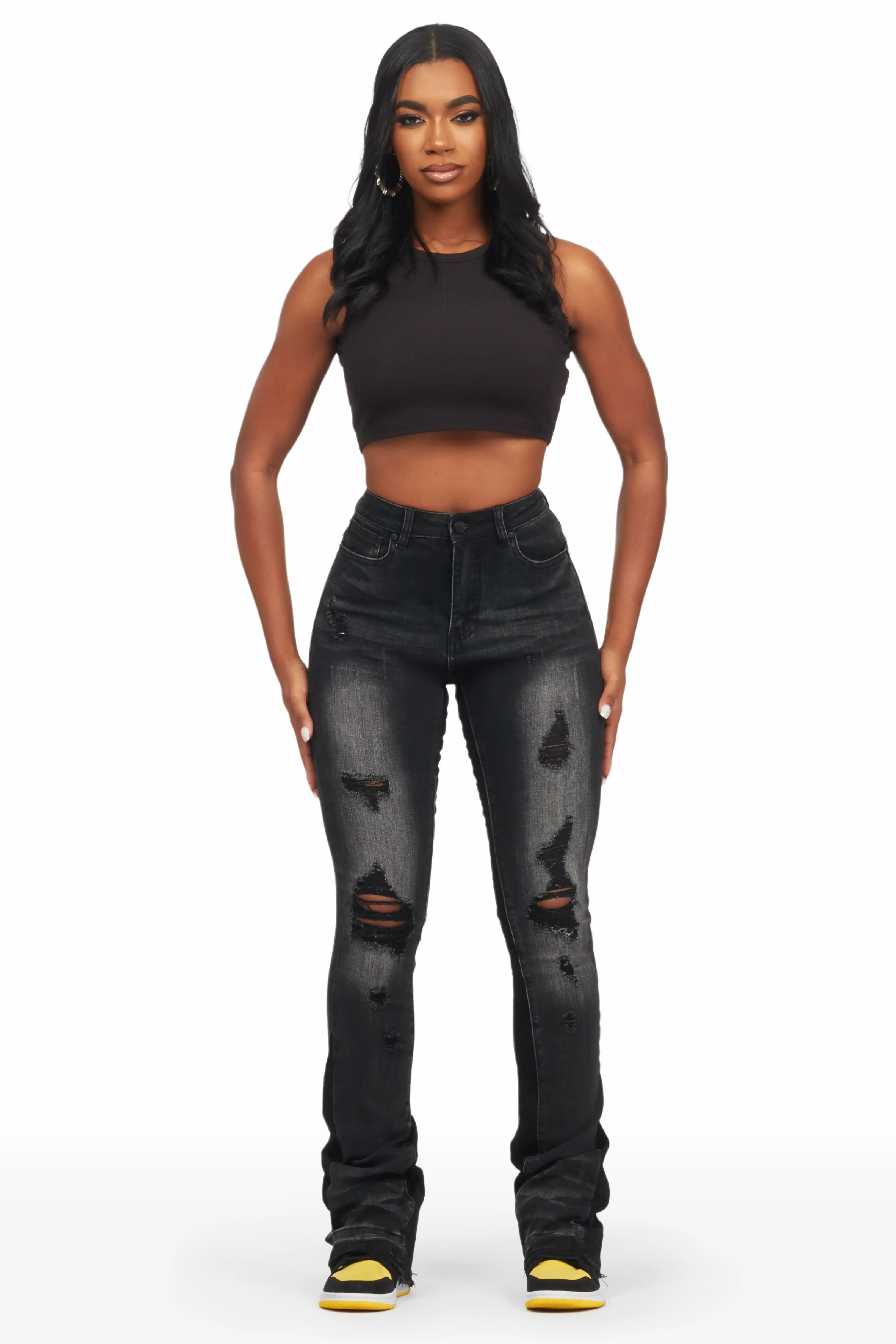 Jazminn Black Wash Stacked Flare Jean - Image 3