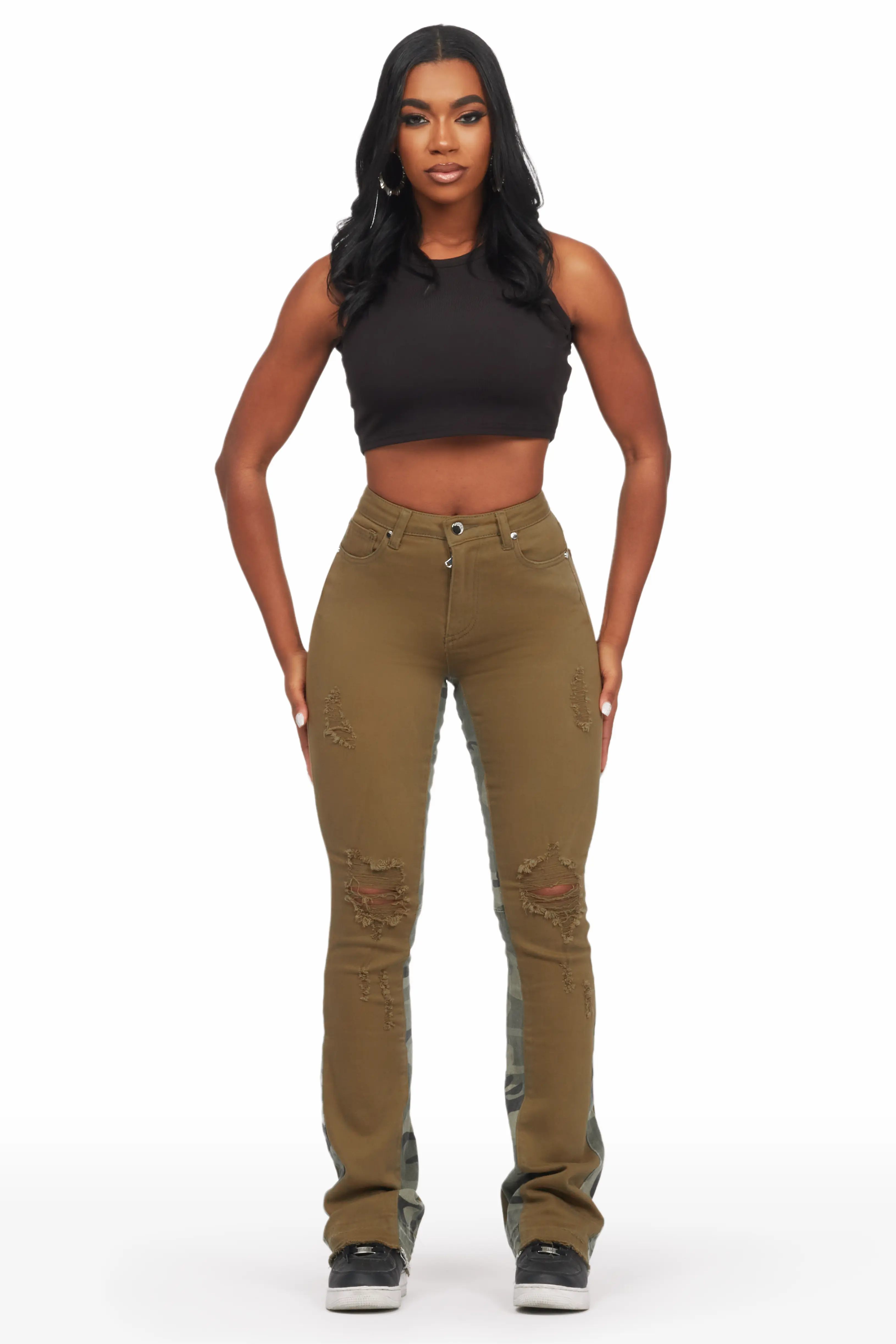 Khaleesy Olive Camo Stacked Flare Jean - Image 3