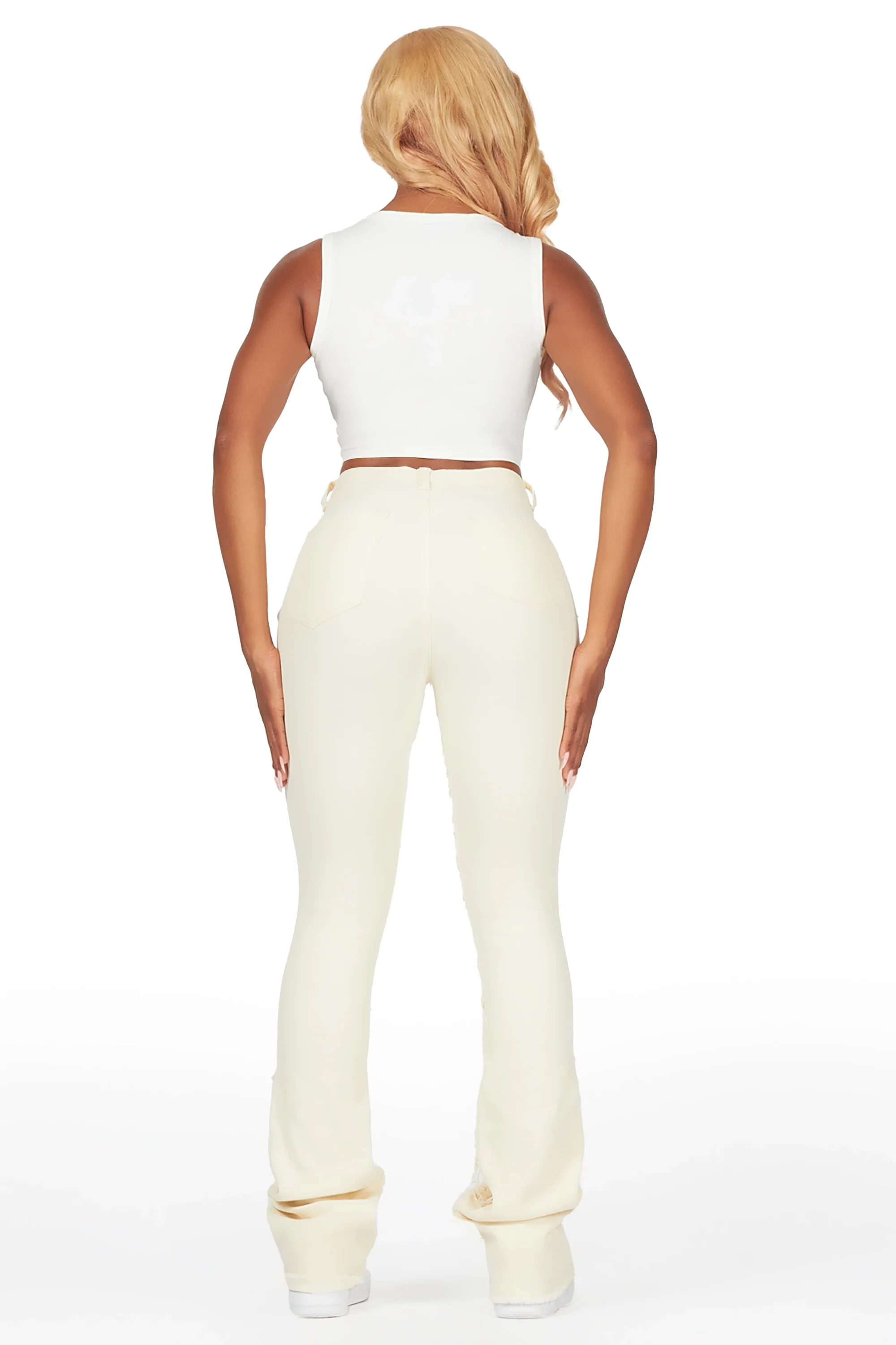 Shareya Beige Stacked Flare Jean - Image 5