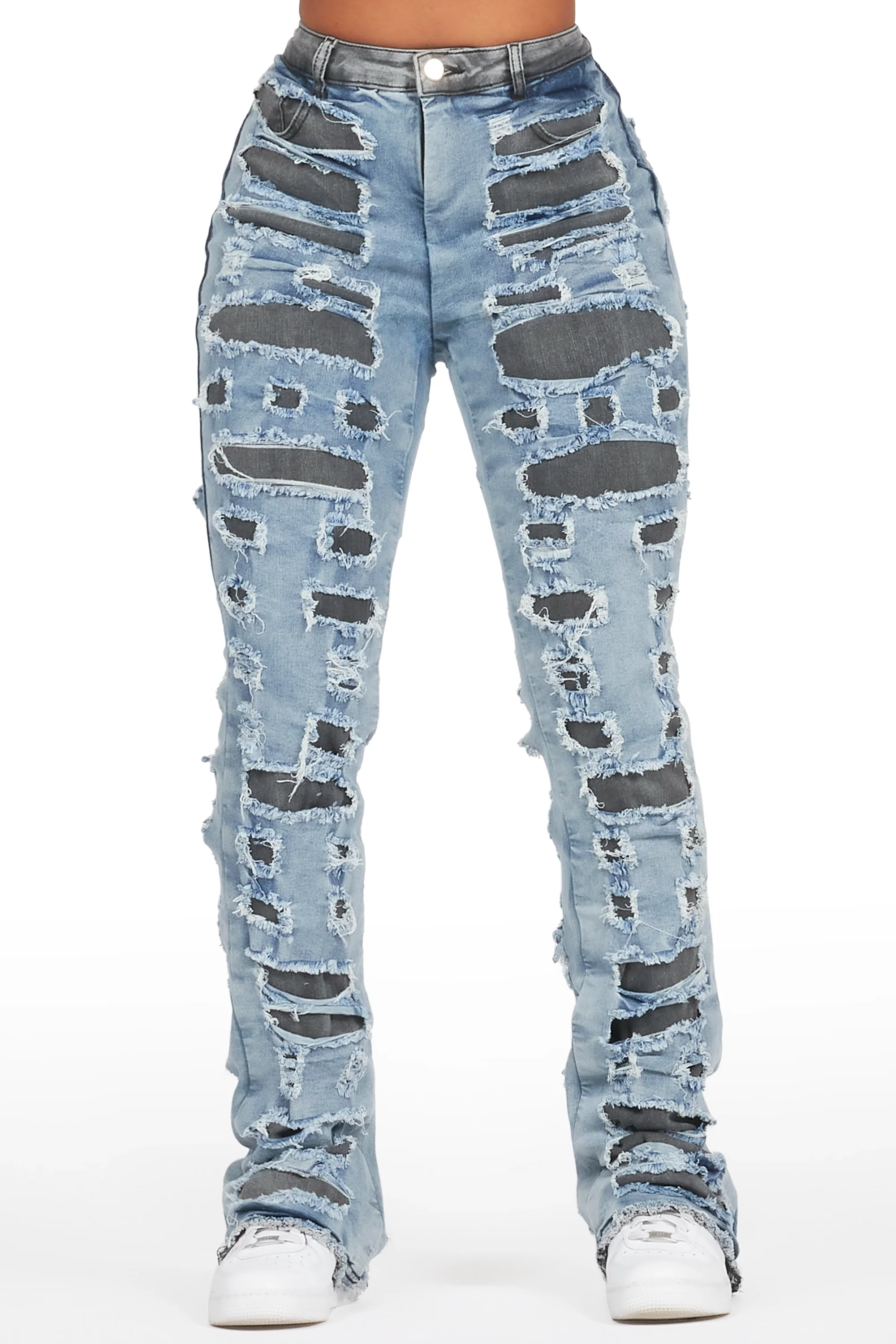 Jaidynn Blue/Black Distressed Stacked Flare Jean - Image 2