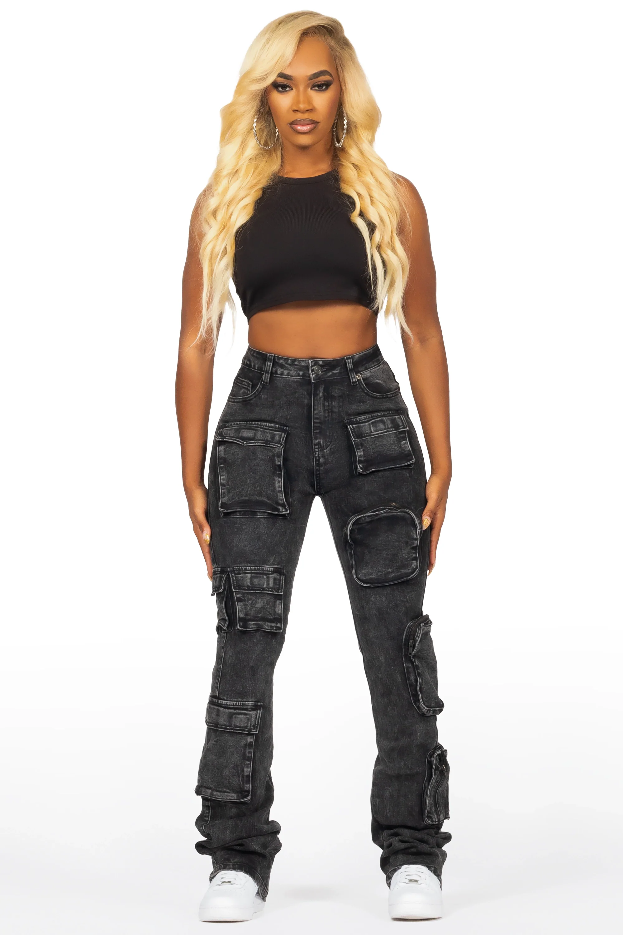 Symone Black Wash Cargo Stacked Flare Jean - Image 3