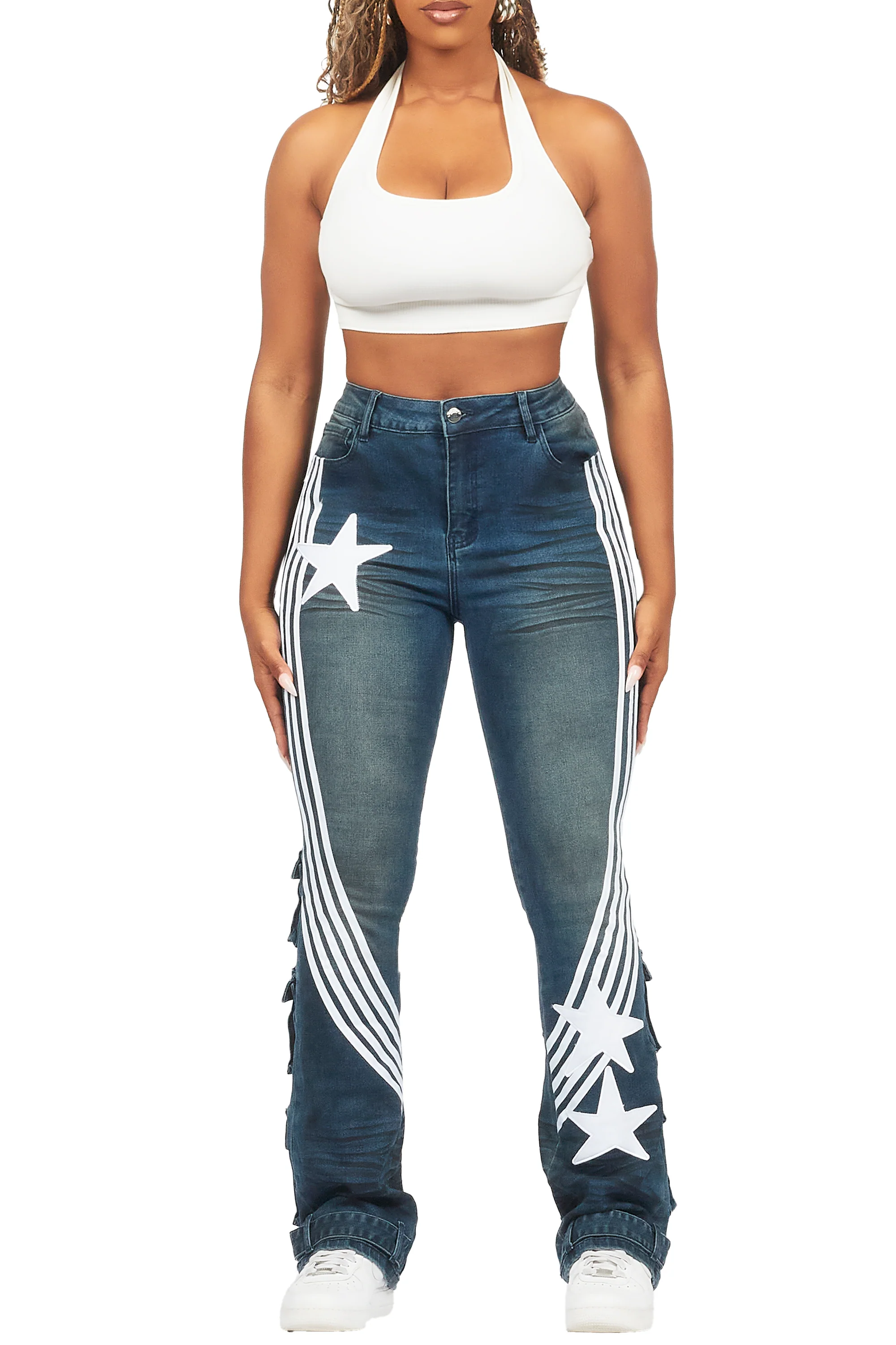 Jaziya Dark Wash Stacked Flare Jean - Image 6
