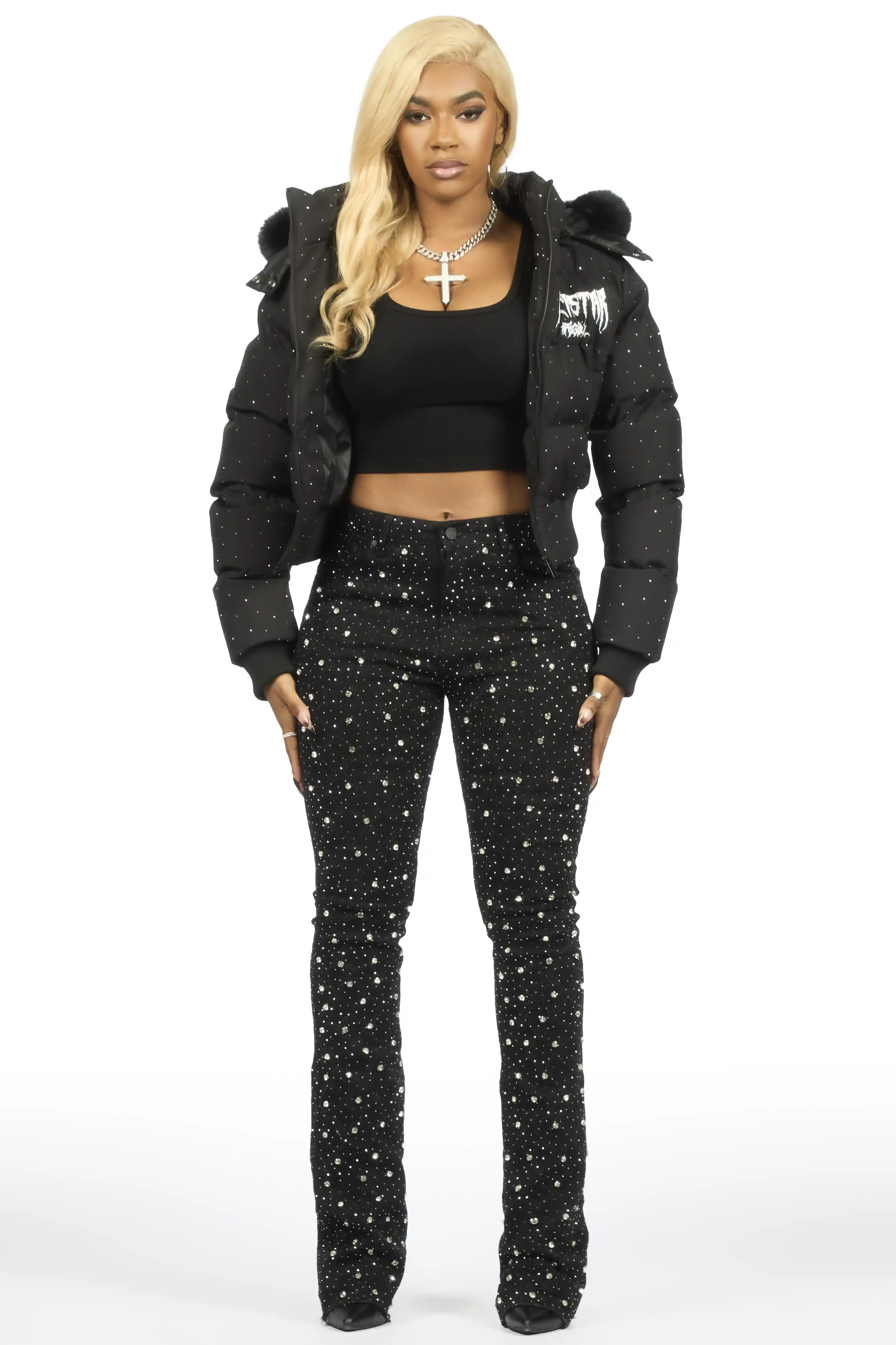 Sareka Black/Silver Rhinestone Stacked Flare Jean - Image 7