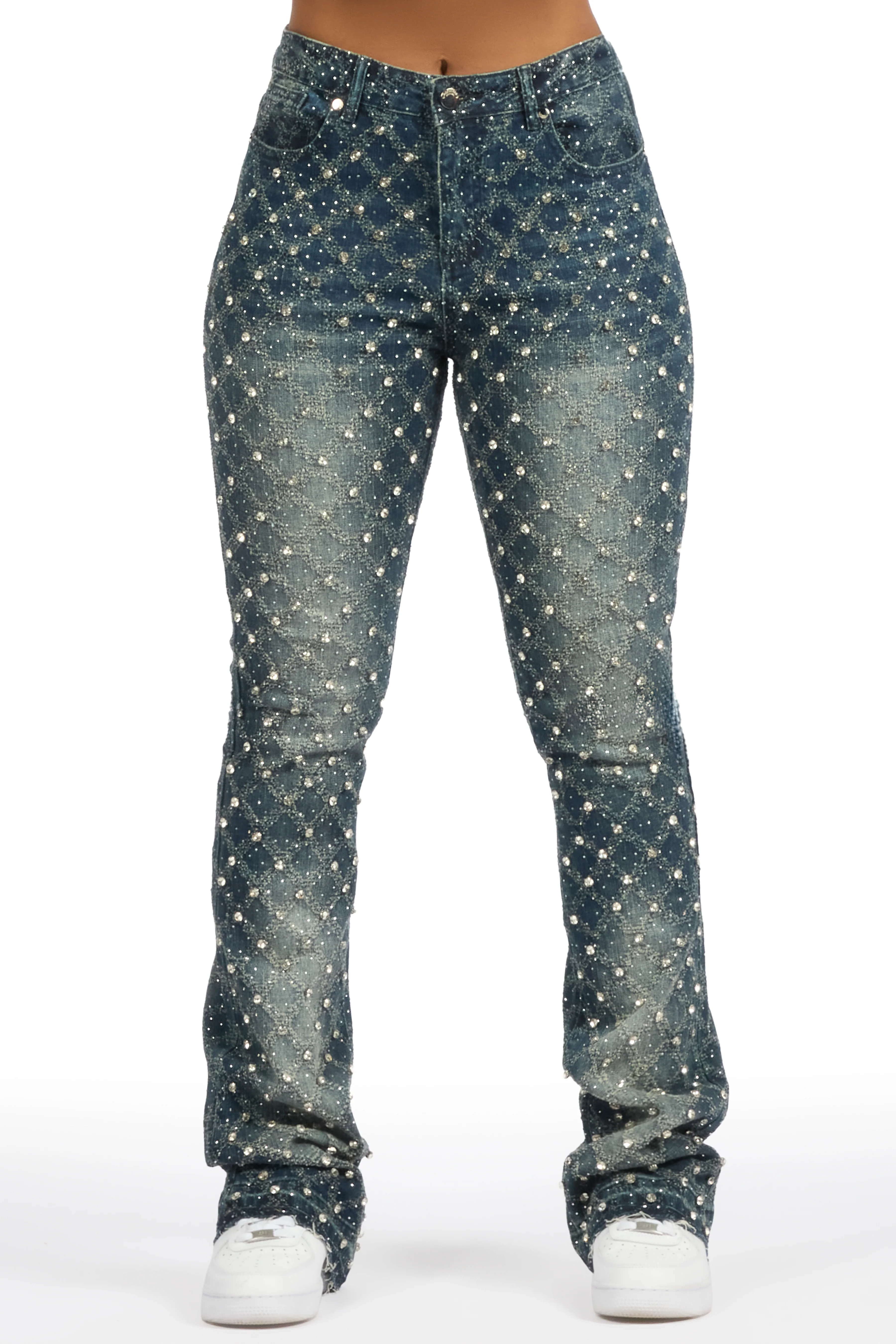 Sareka Dark Wash Rhinestone Stacked Flare Jean - Image 2