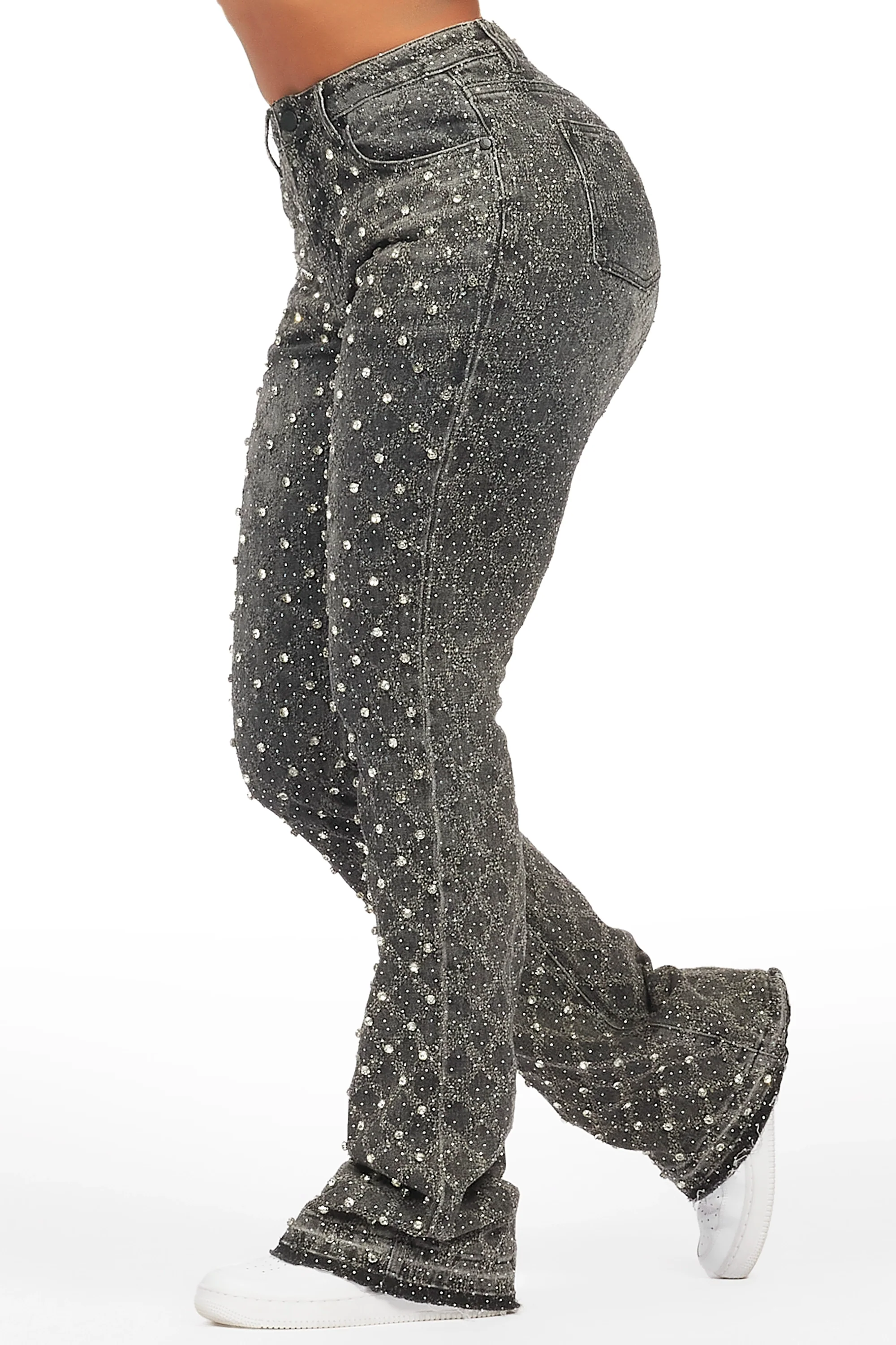 Sareka Grey Wash Rhinestone Stacked Flare Jean - Image 7