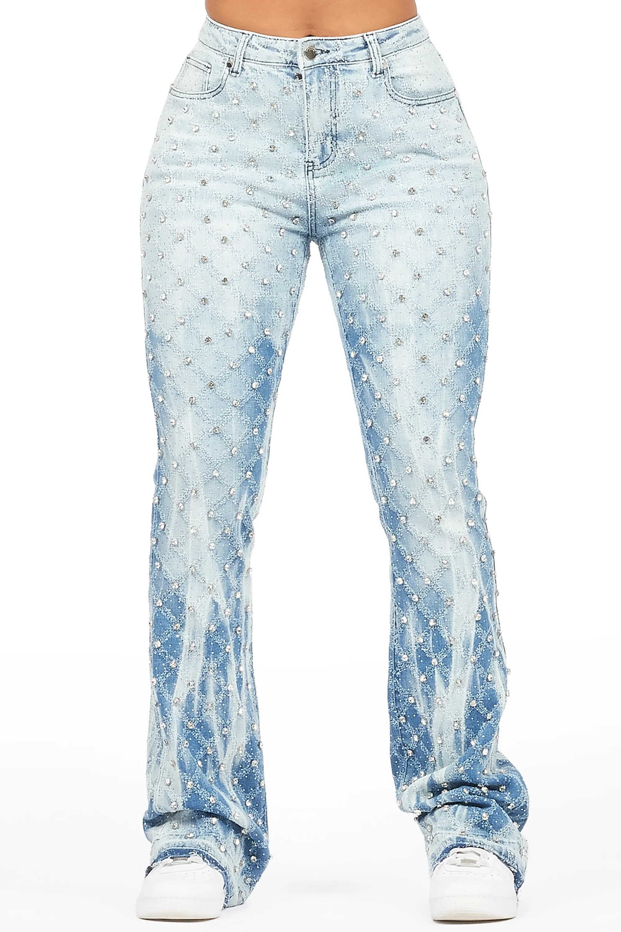 Sareka Light Wash Rhinestone Stacked Flare Jean - Image 2