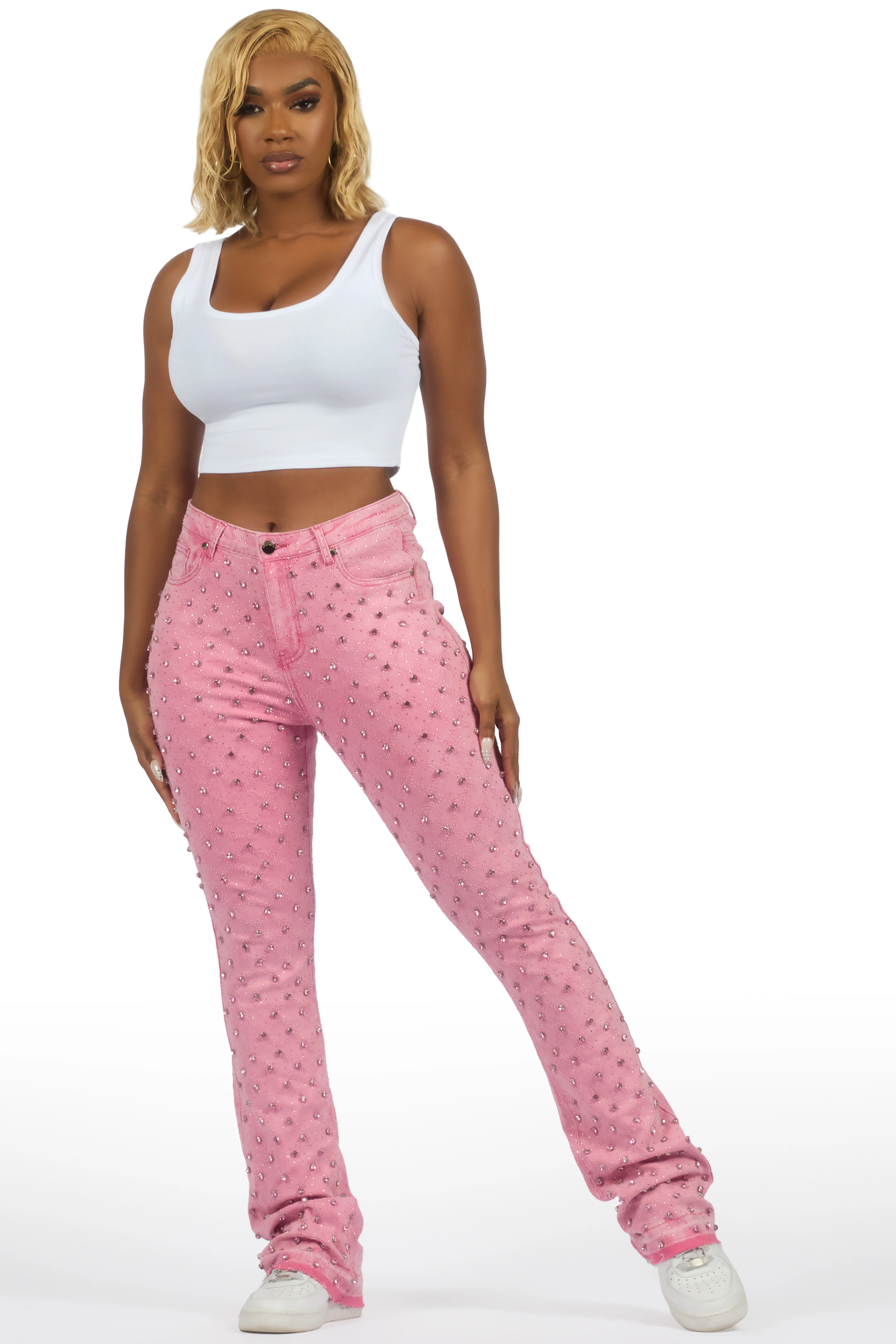 Sareka Pink Rhinestone Stacked Flare Jean - Image 5