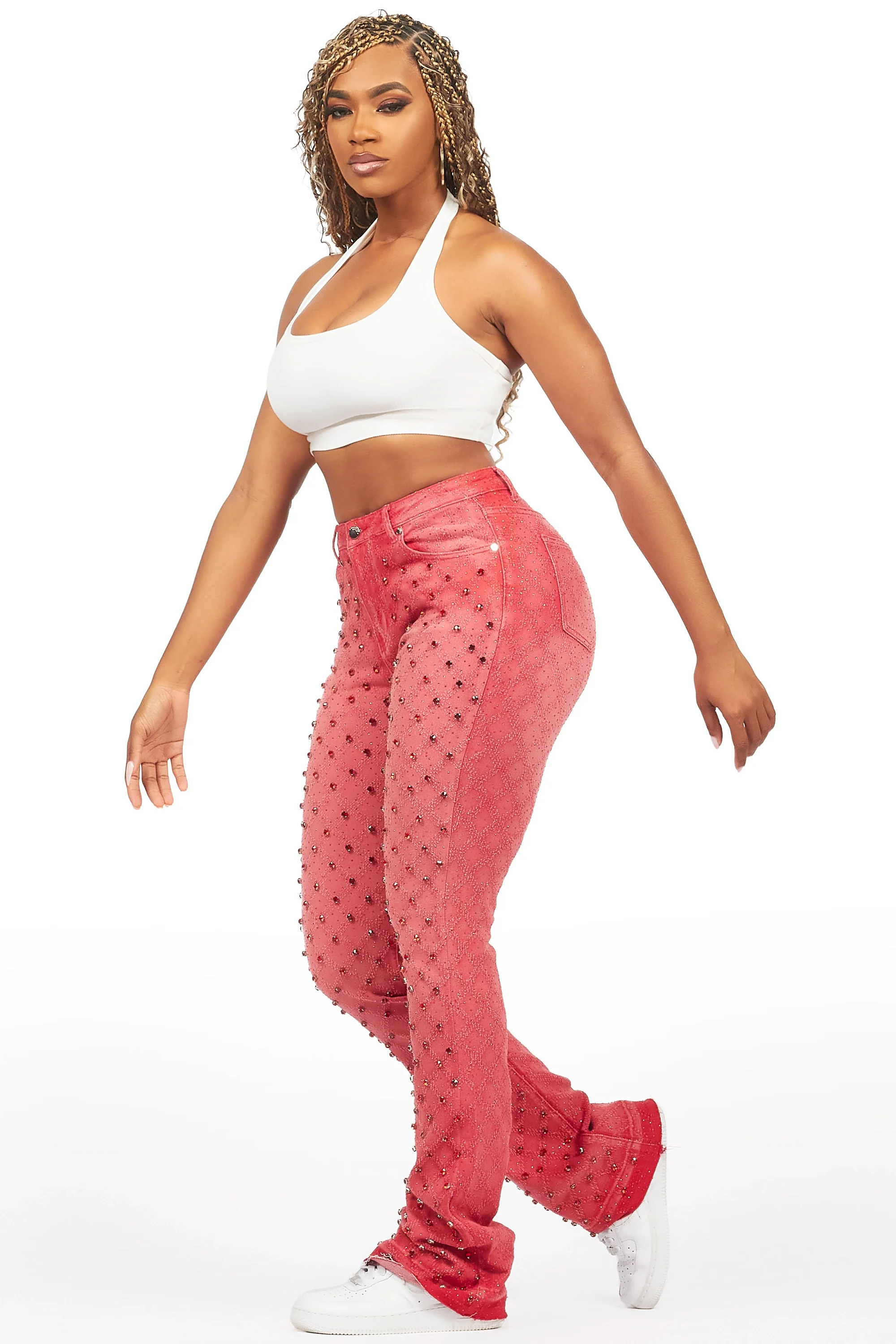 Sareka Red Rhinestone Stacked Flare Jean - Image 5