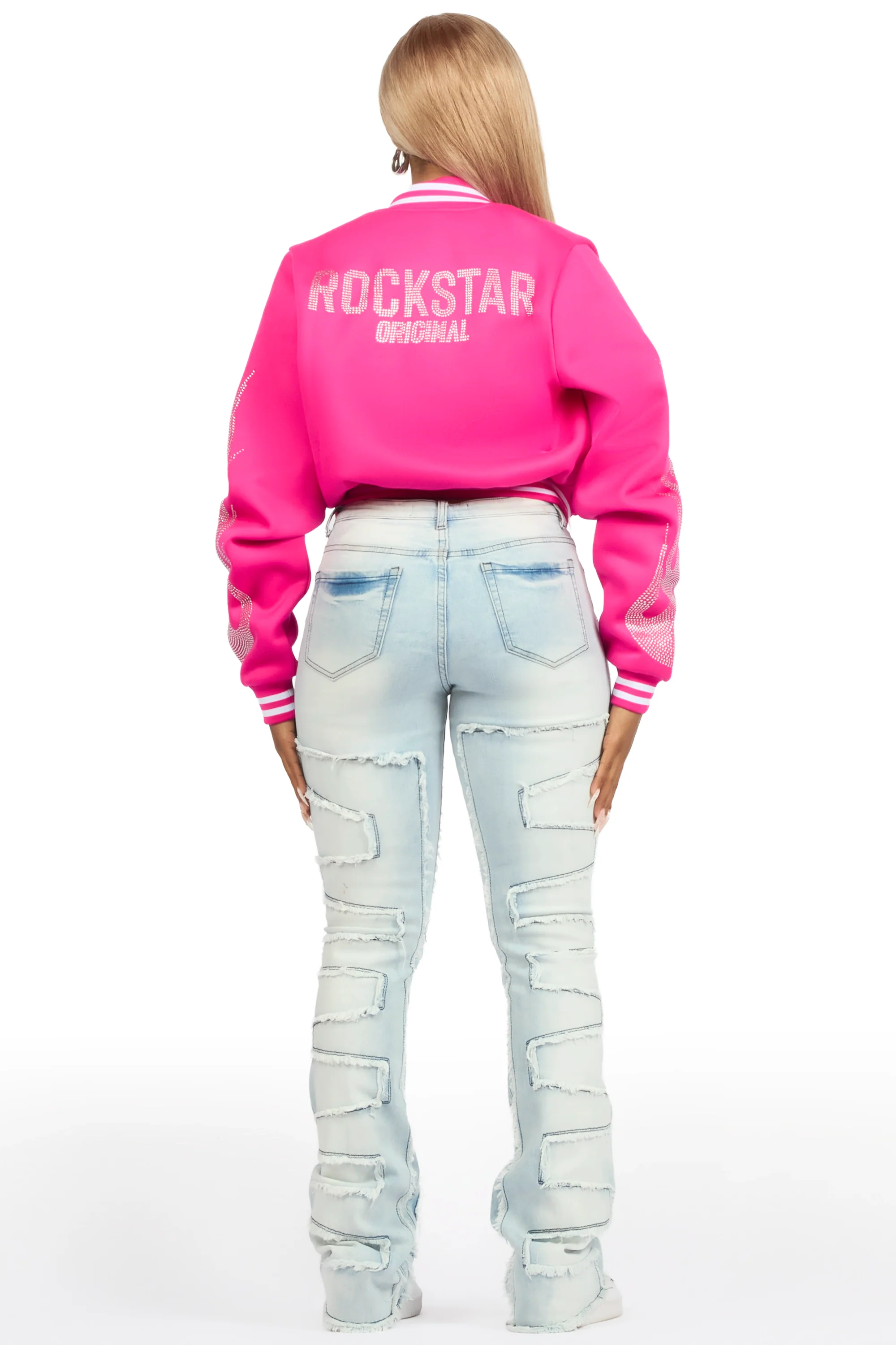 Zariyah Rhinestone Light Wash Stacked Flare Jean - Image 5
