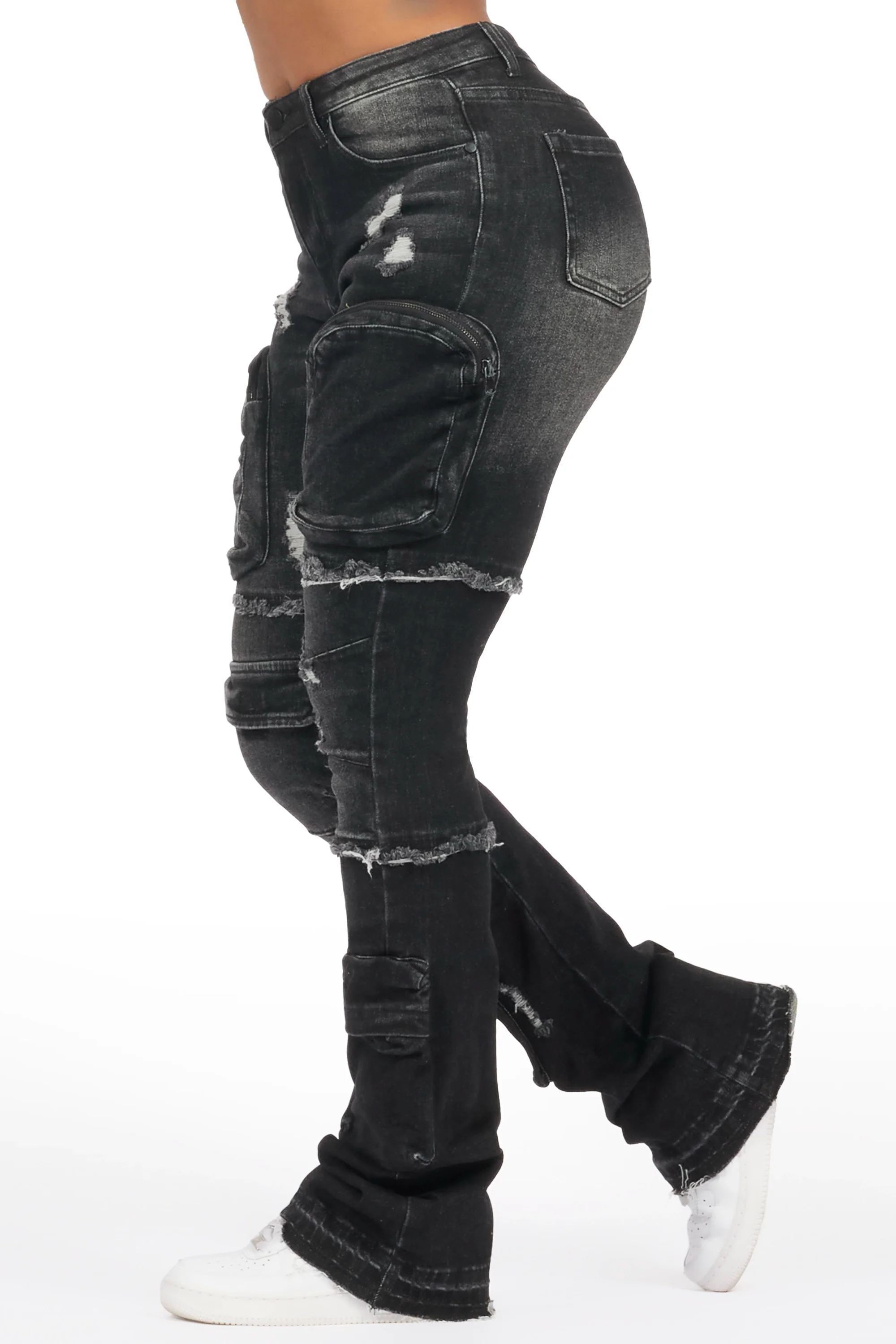 Toniesha Dark Grey Wash Stacked Flare Jean - Image 2