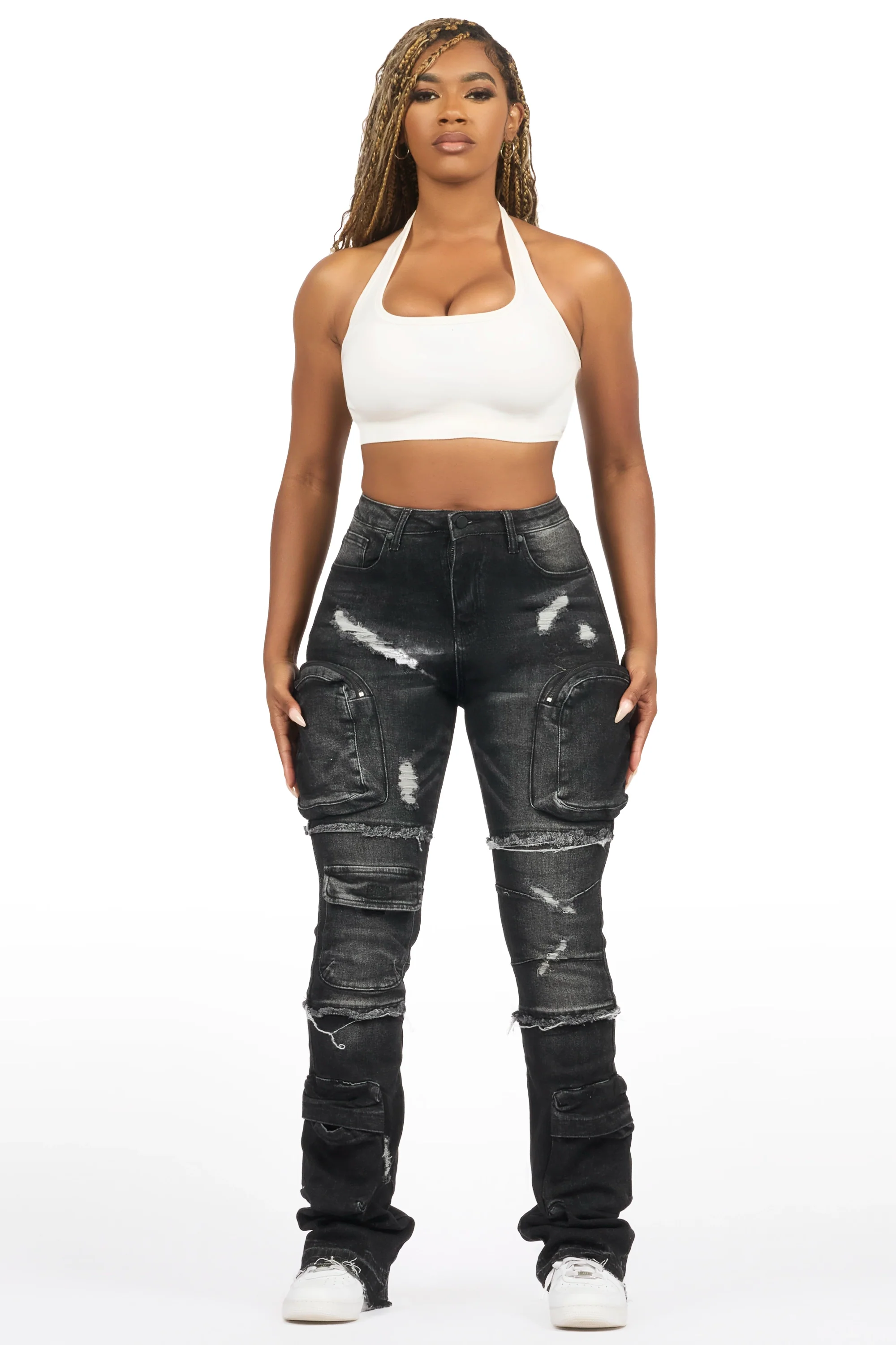 Toniesha Dark Grey Wash Stacked Flare Jean - Image 4