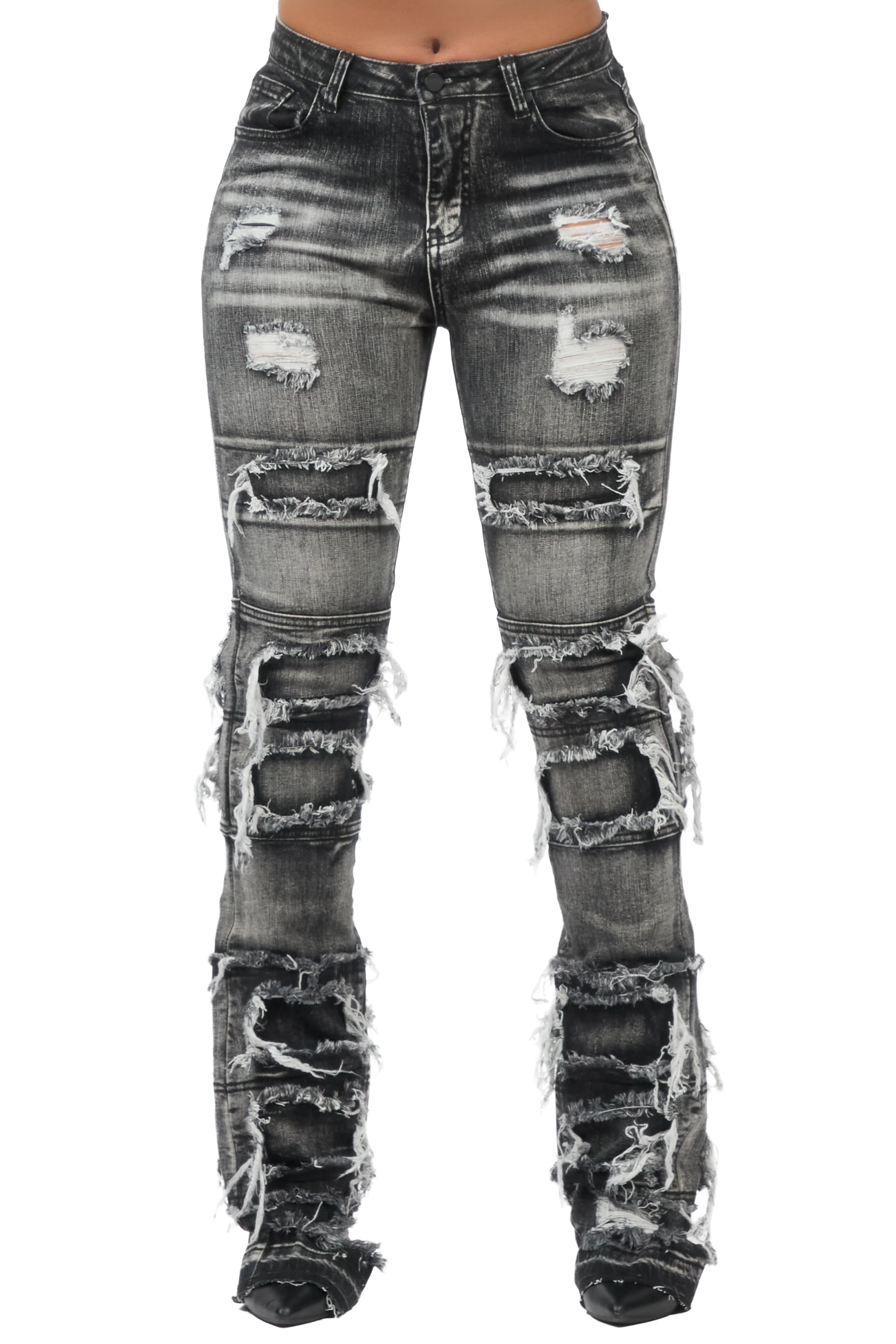 Amerya Grey Wash Distressed Stacked Flare Jean - Image 6
