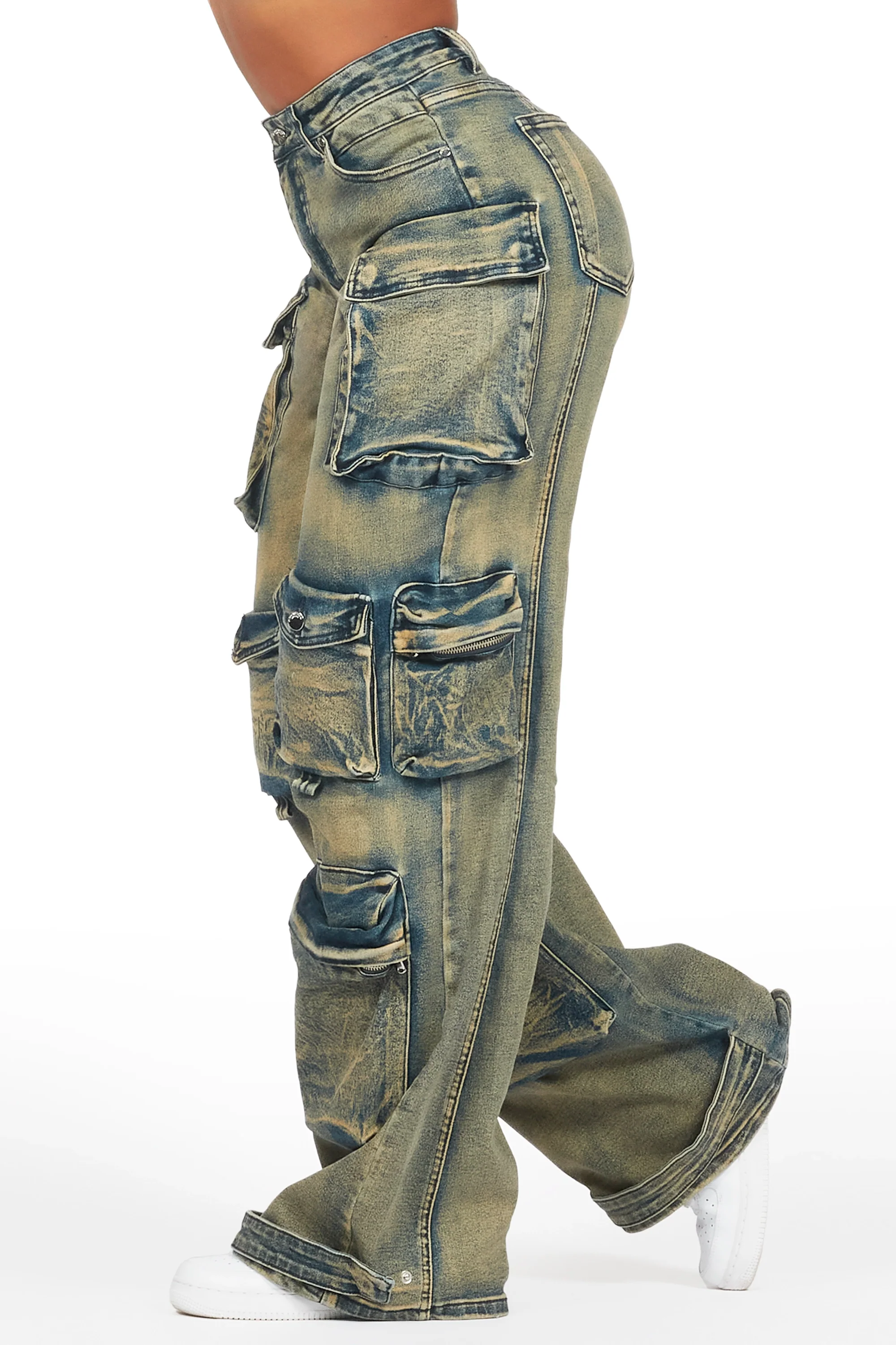 Nakia Tinted Dark Wash Cargo Wide Leg Jean - Image 5