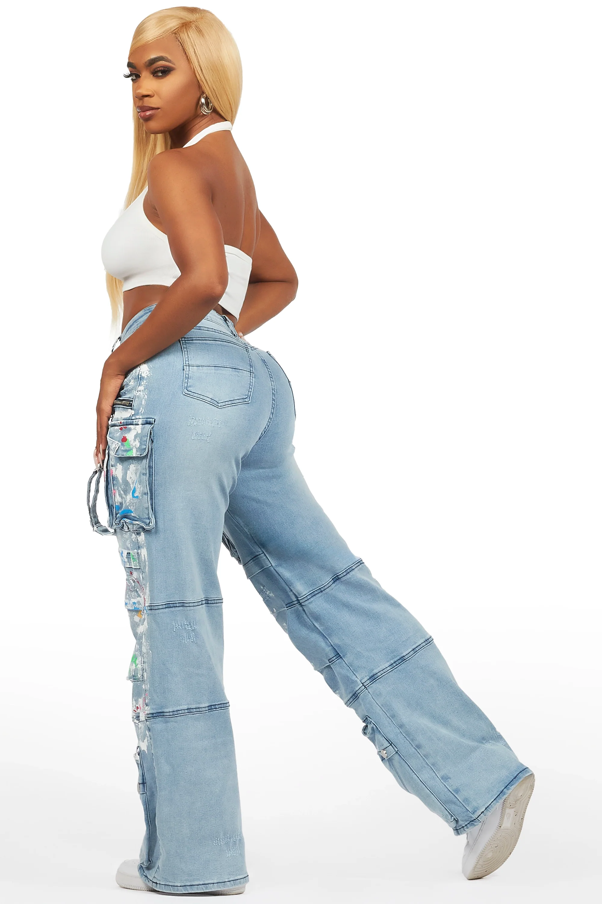 Melyssa Light Wash Painted Wide Leg Jean - Image 5