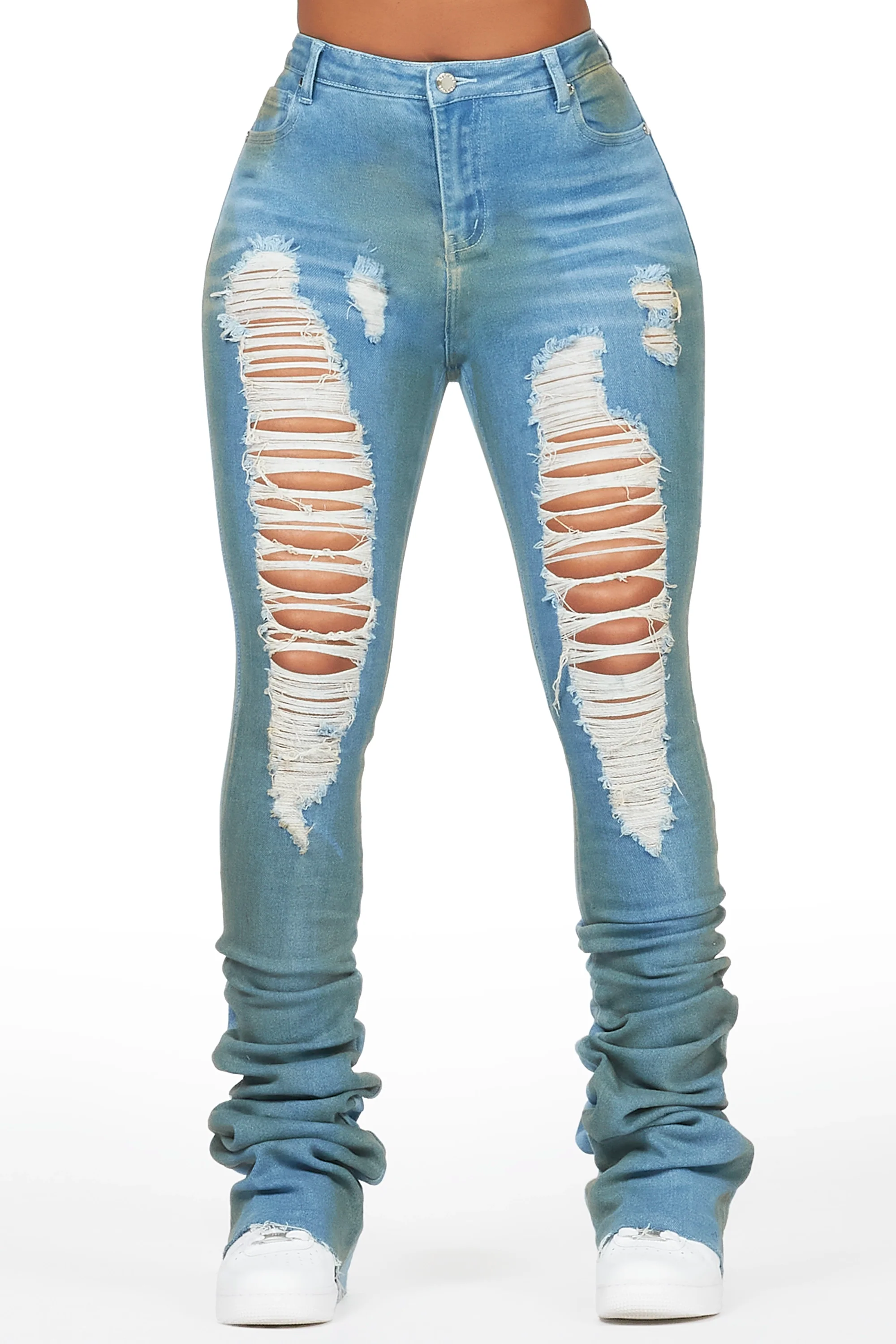 Yours Truly Dirty Blue Bleached Wash Distressed Super Stacked Jean