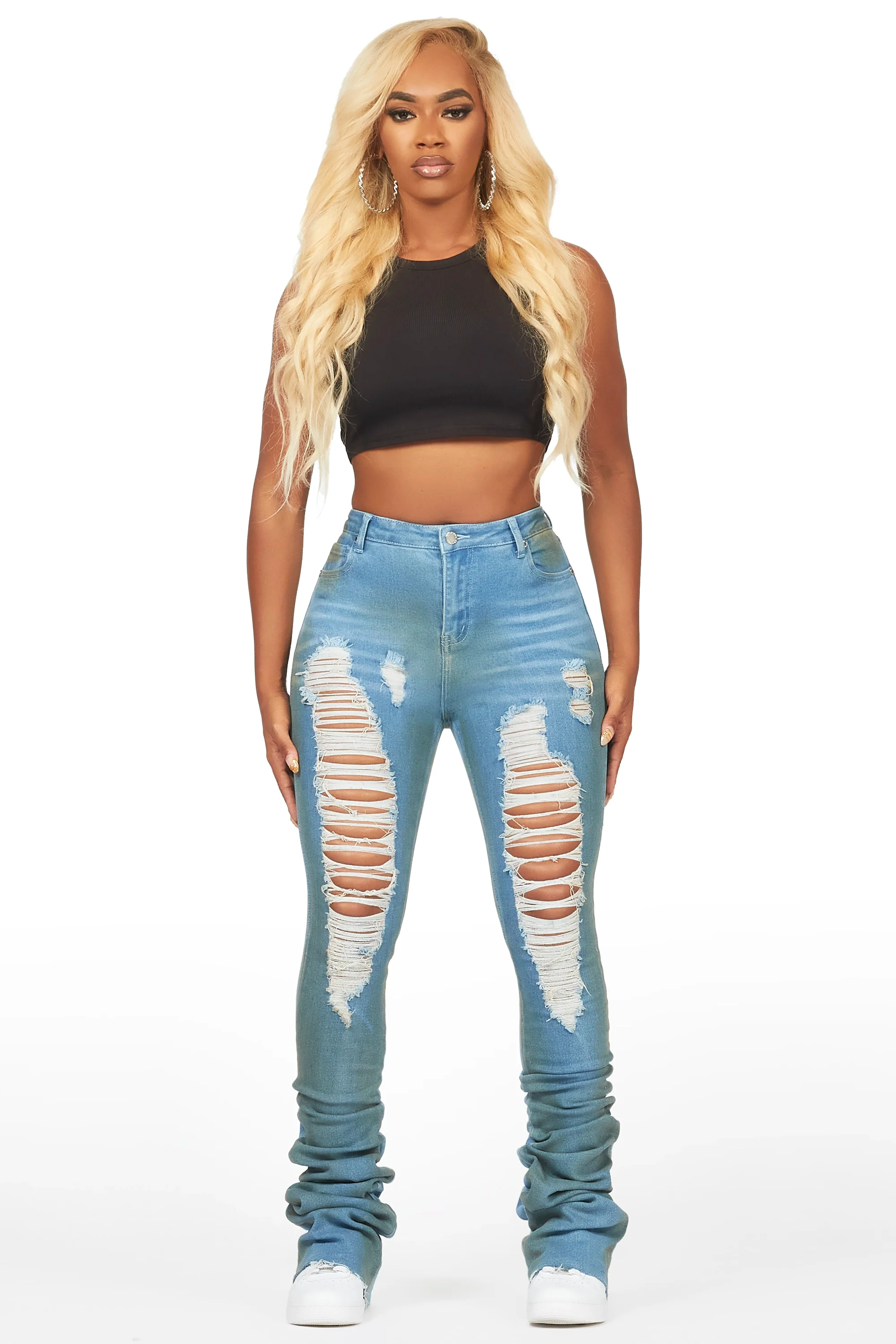 Yours Truly Dirty Blue Bleached Wash Distressed Super Stacked Jean - Image 2