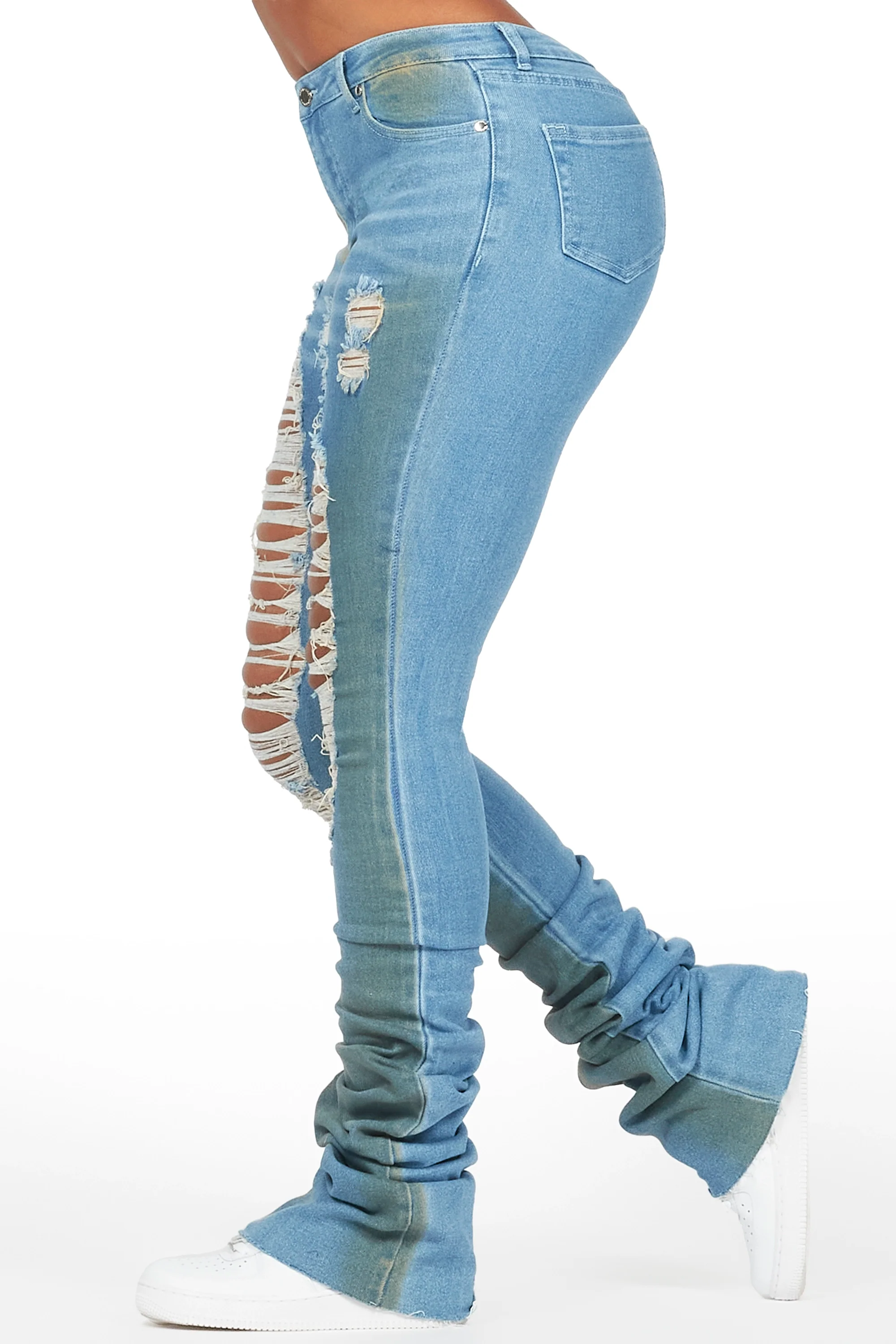 Yours Truly Dirty Blue Bleached Wash Distressed Super Stacked Jean - Image 3
