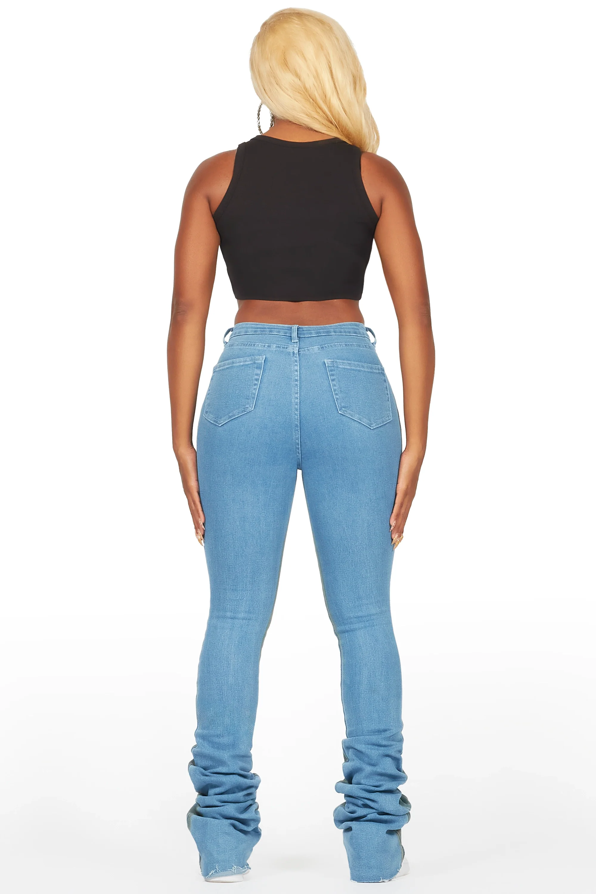 Yours Truly Dirty Blue Bleached Wash Distressed Super Stacked Jean - Image 5