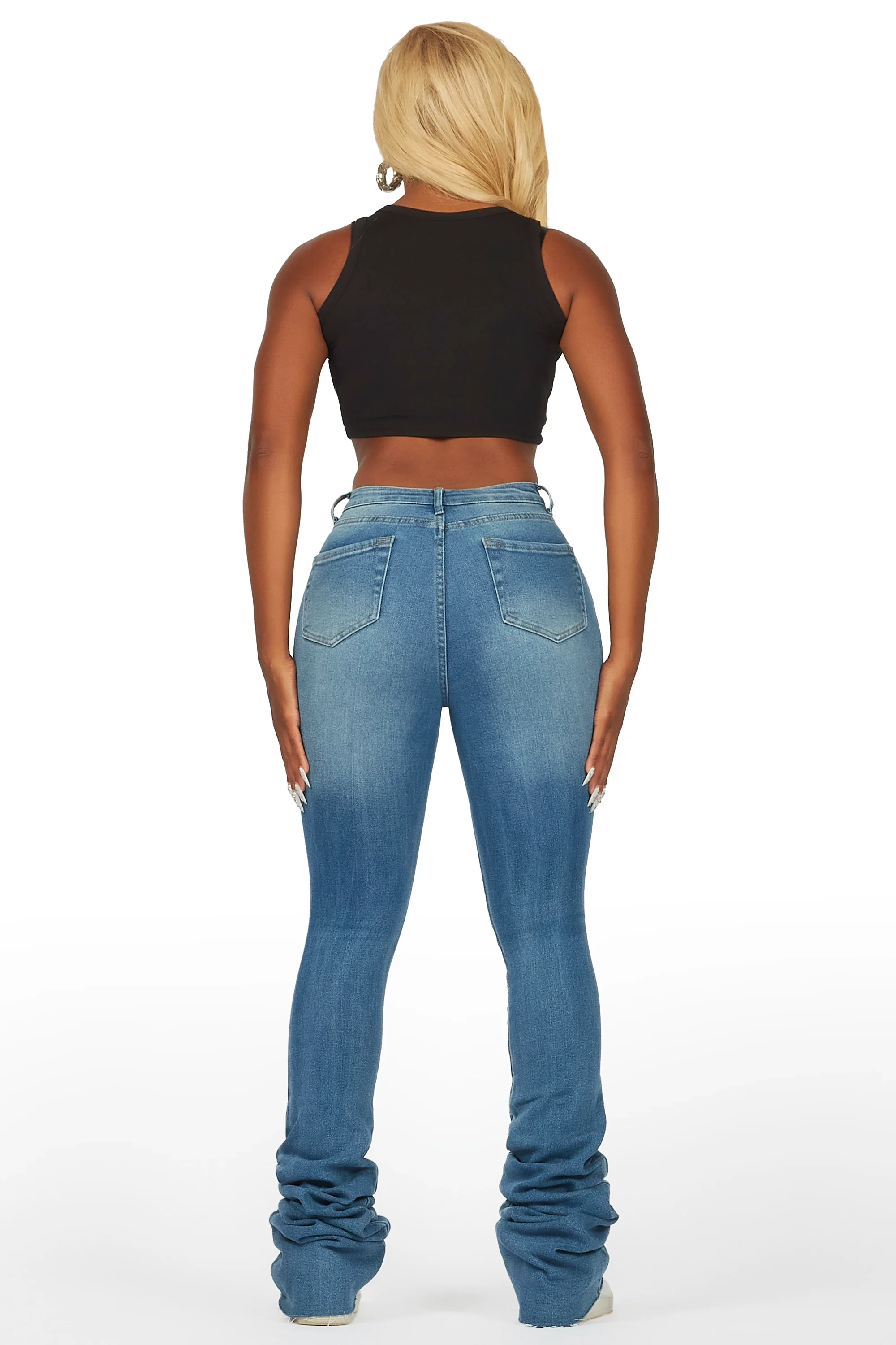 Yours Truly Med. Wash Distressed Super Stacked Jean - Image 5