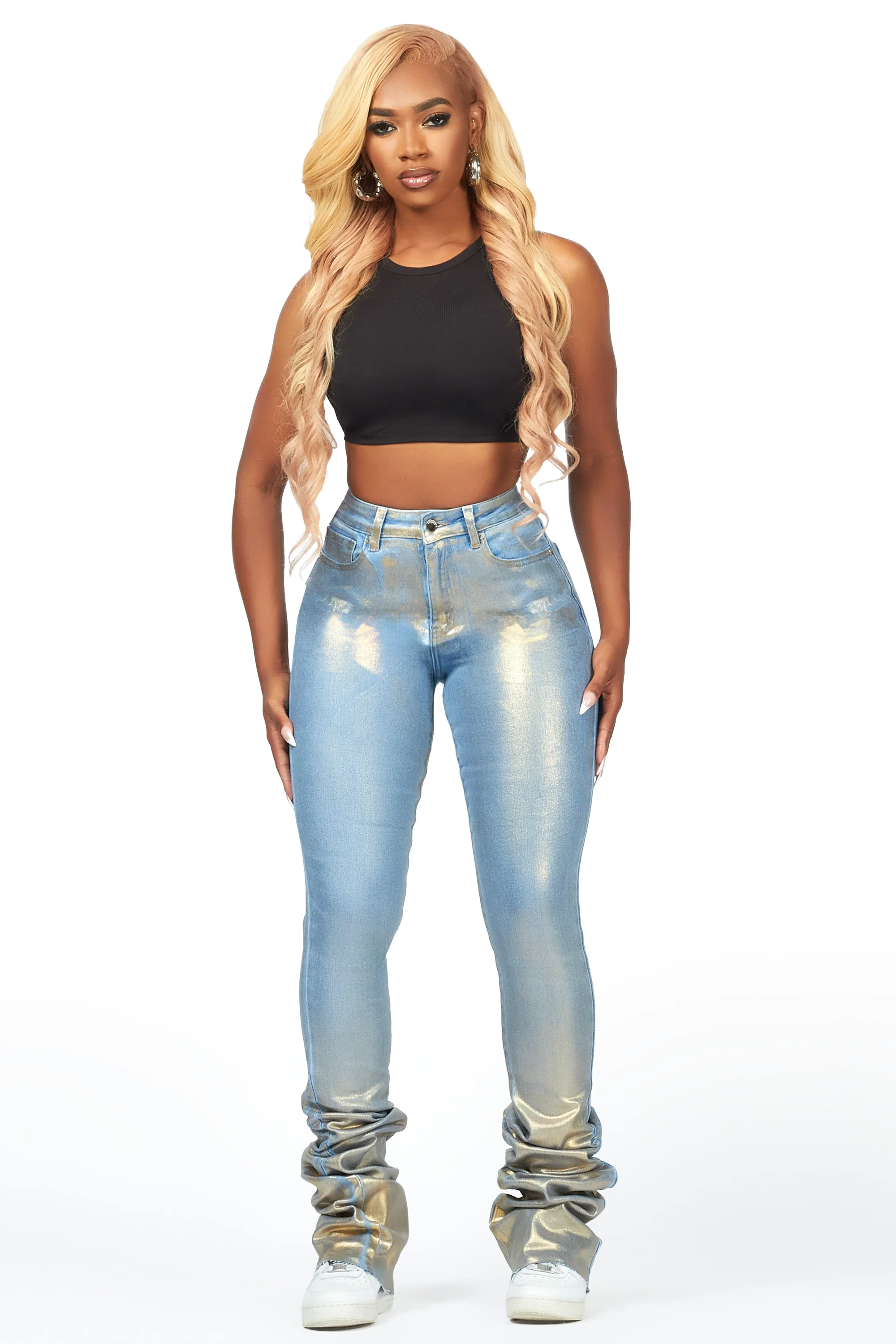 Vittoria Light Wash/Gold Foil Super Stacked Jean - Image 4