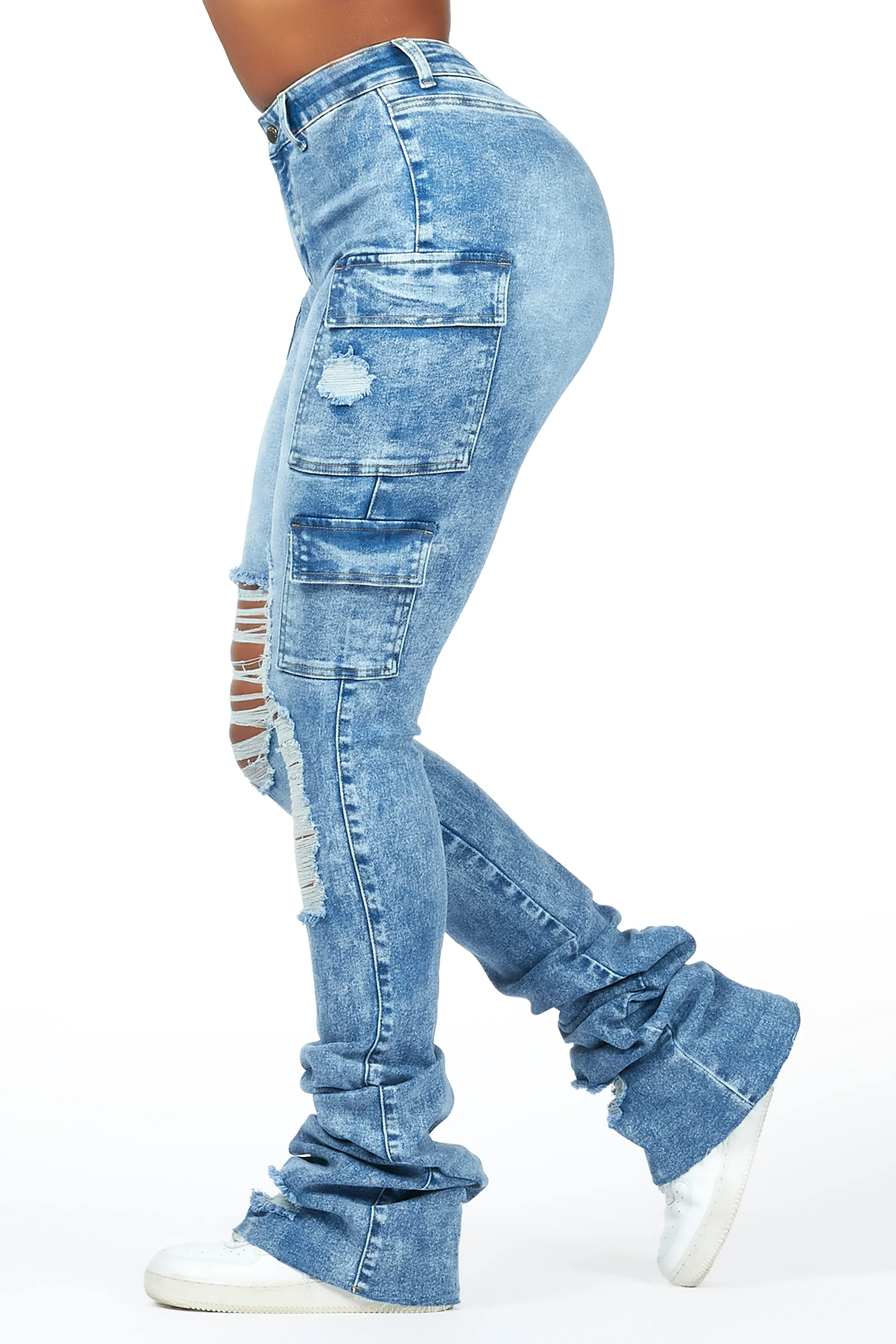 Vixen Acid Wash Distressed Cargo Super Stacked Jean - Image 4