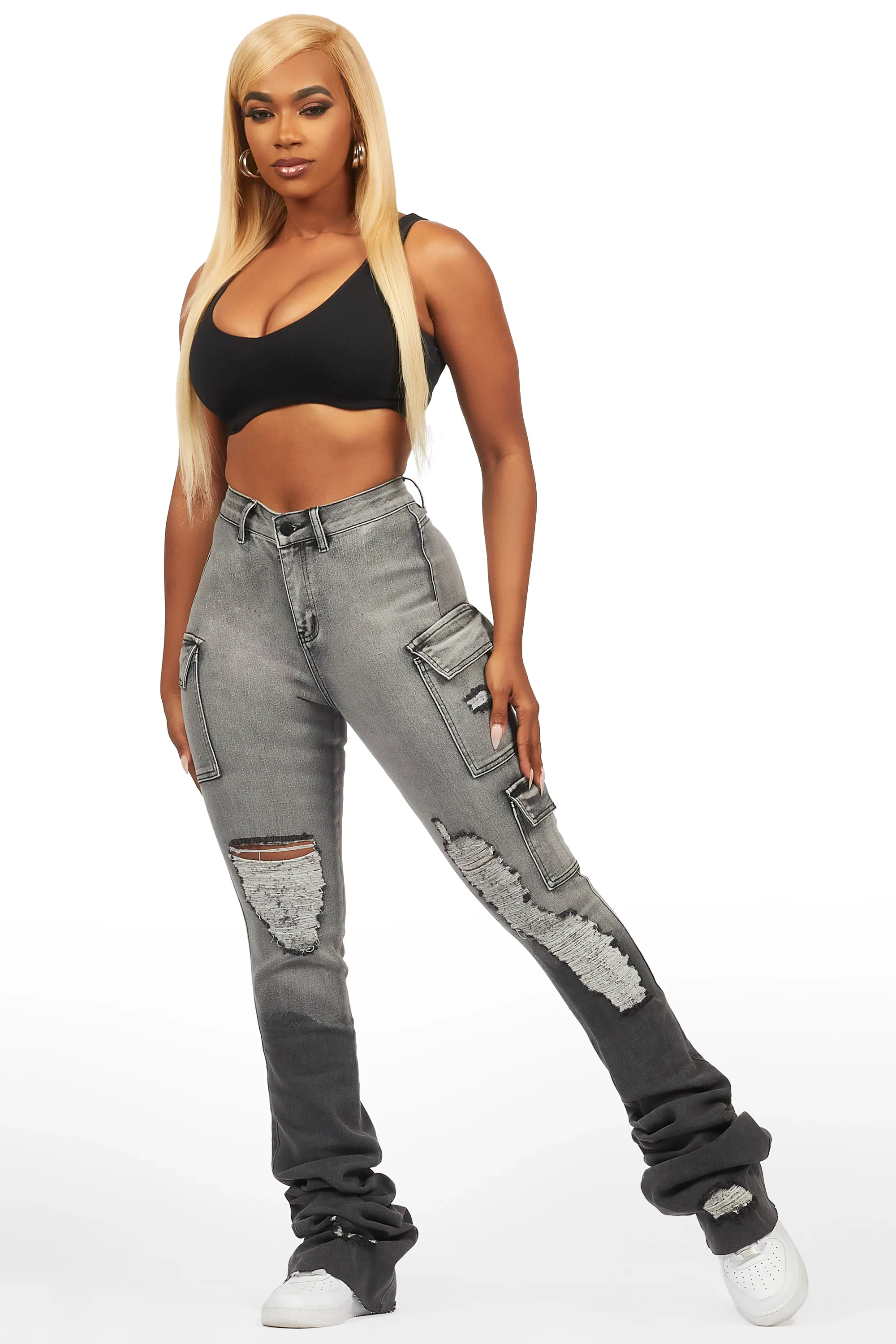 Vixen Grey Wash Distressed Cargo Super Stacked Jean - Image 4