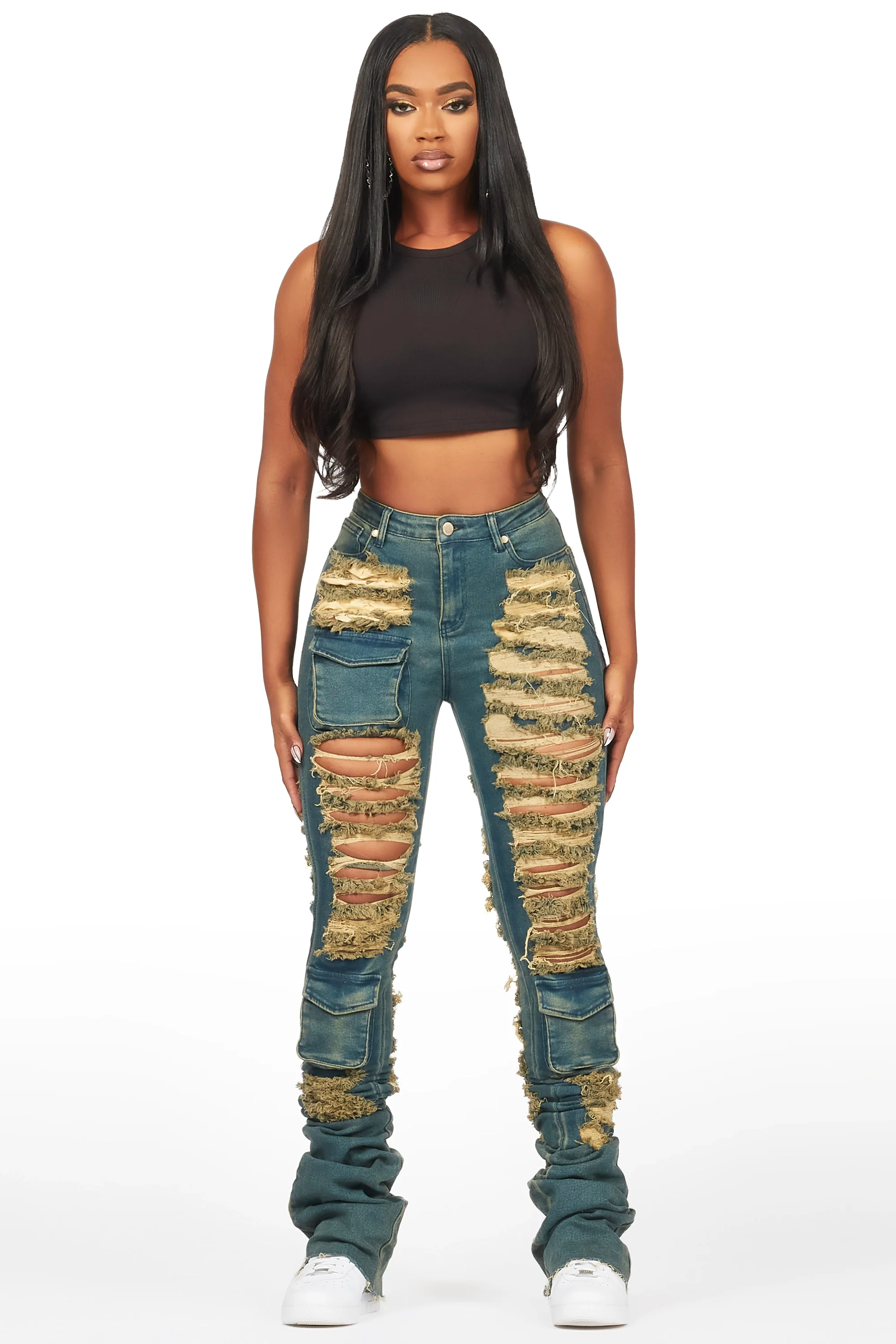 Capria Tinted Dirty Wash Ultra Distressed Super Stacked Jean - Image 2